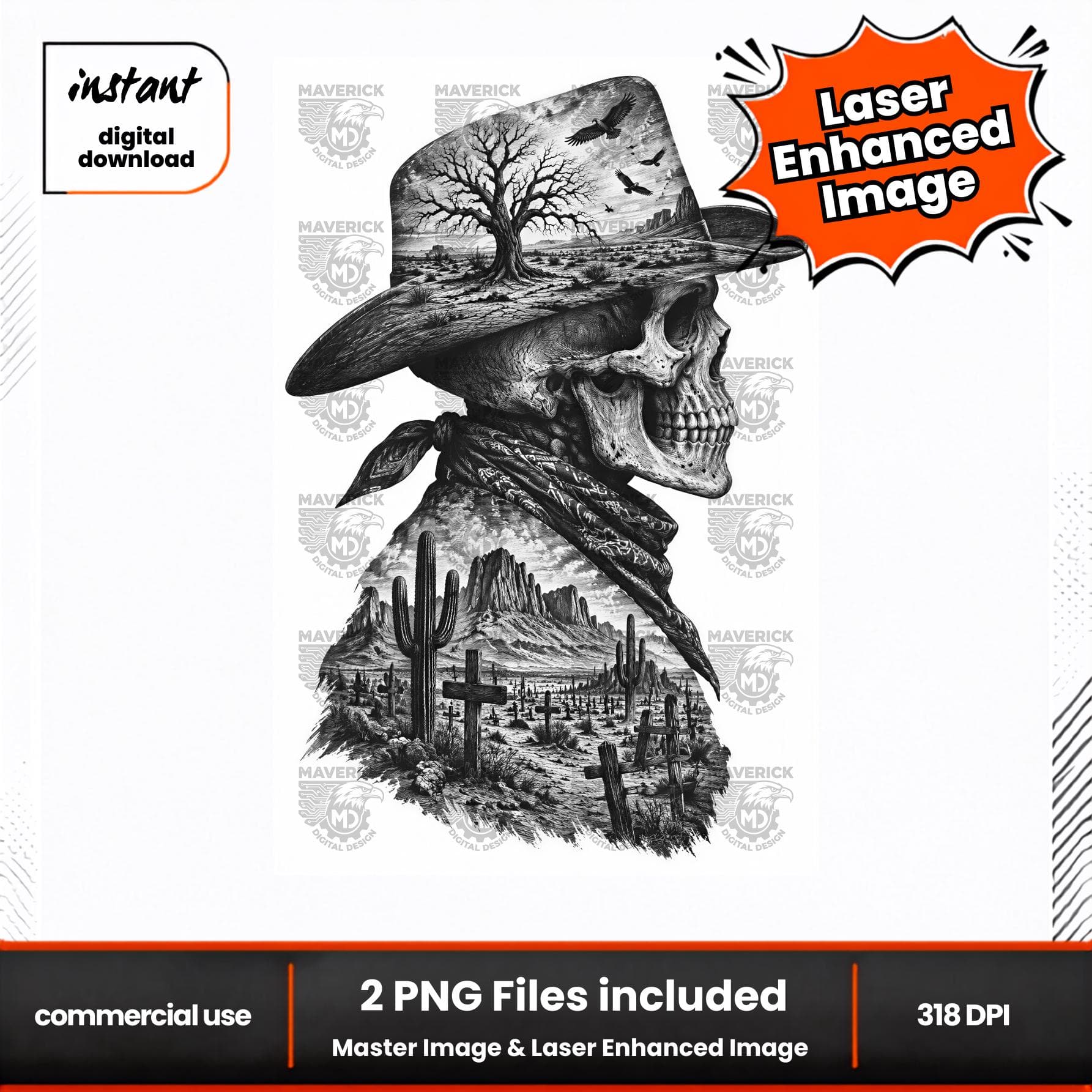 Skeleton Cowboy Double Exposure laser Enhanced PNG, Laser Ready, Wood Engraving (Digital Download)