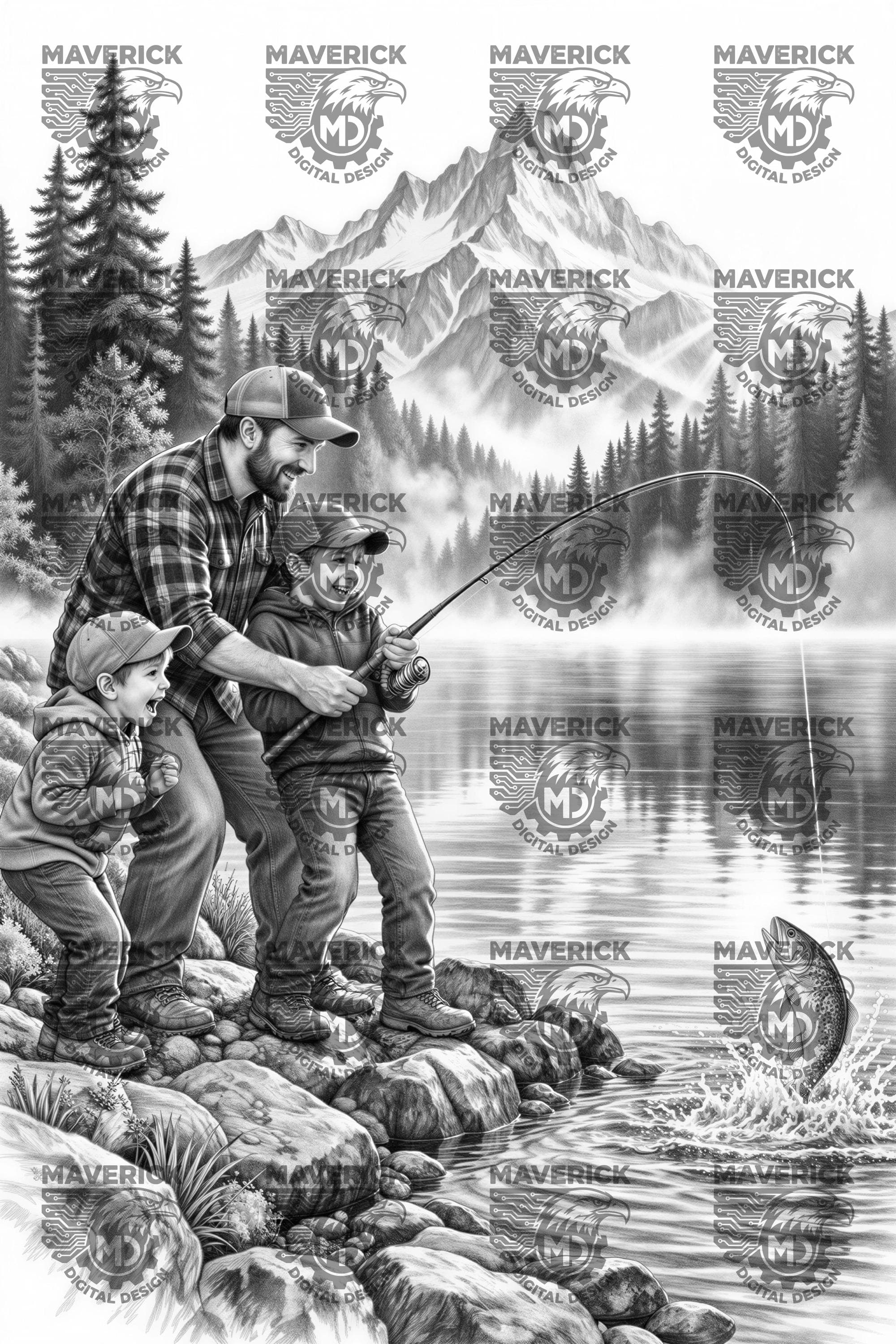 Father and sons fishing PNG, Laser Ready, Wood Engraving (Digital Download) - image 3