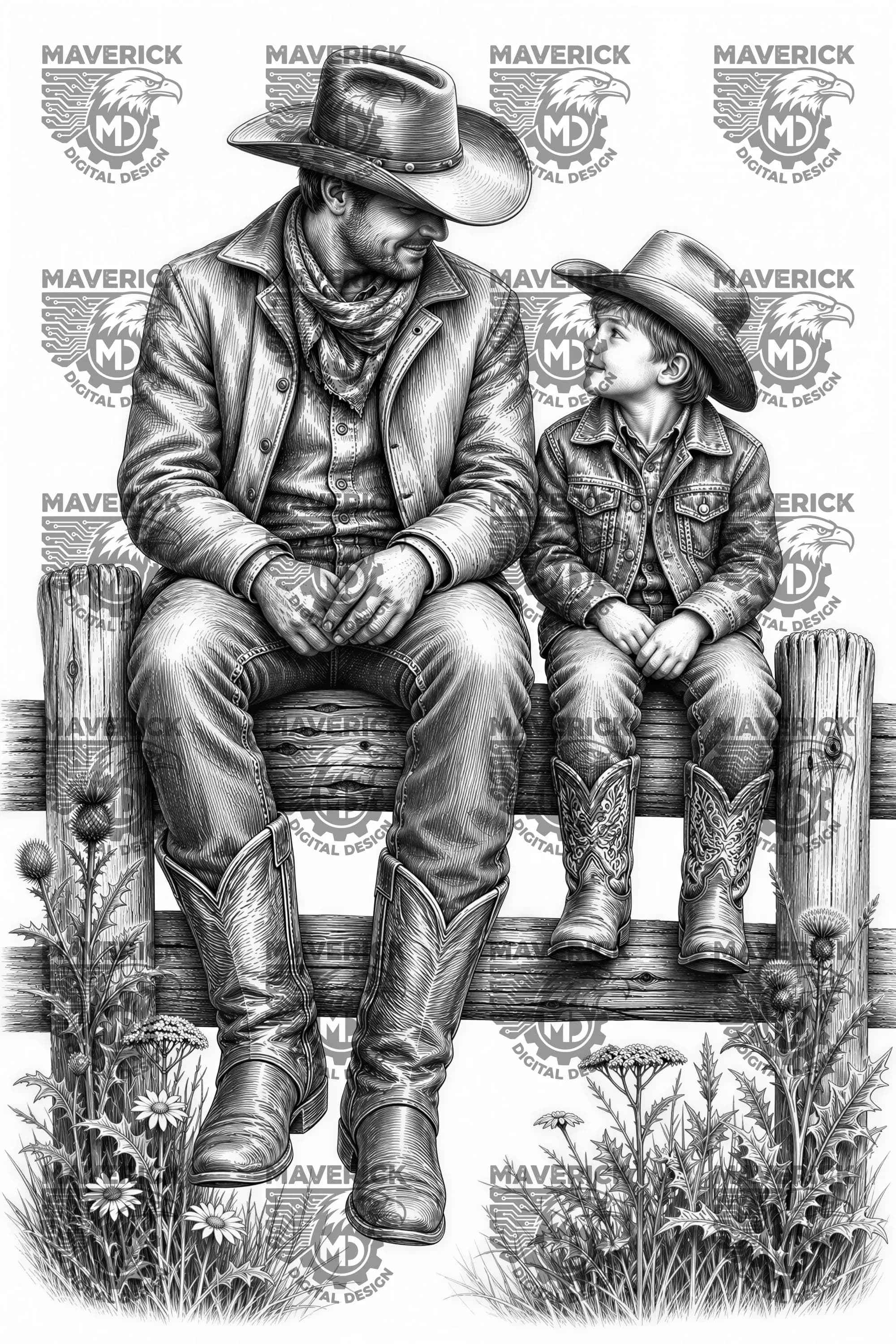 Father and son on fence PNG, Laser Ready, Wood Engraving (Digital Download) - image 3