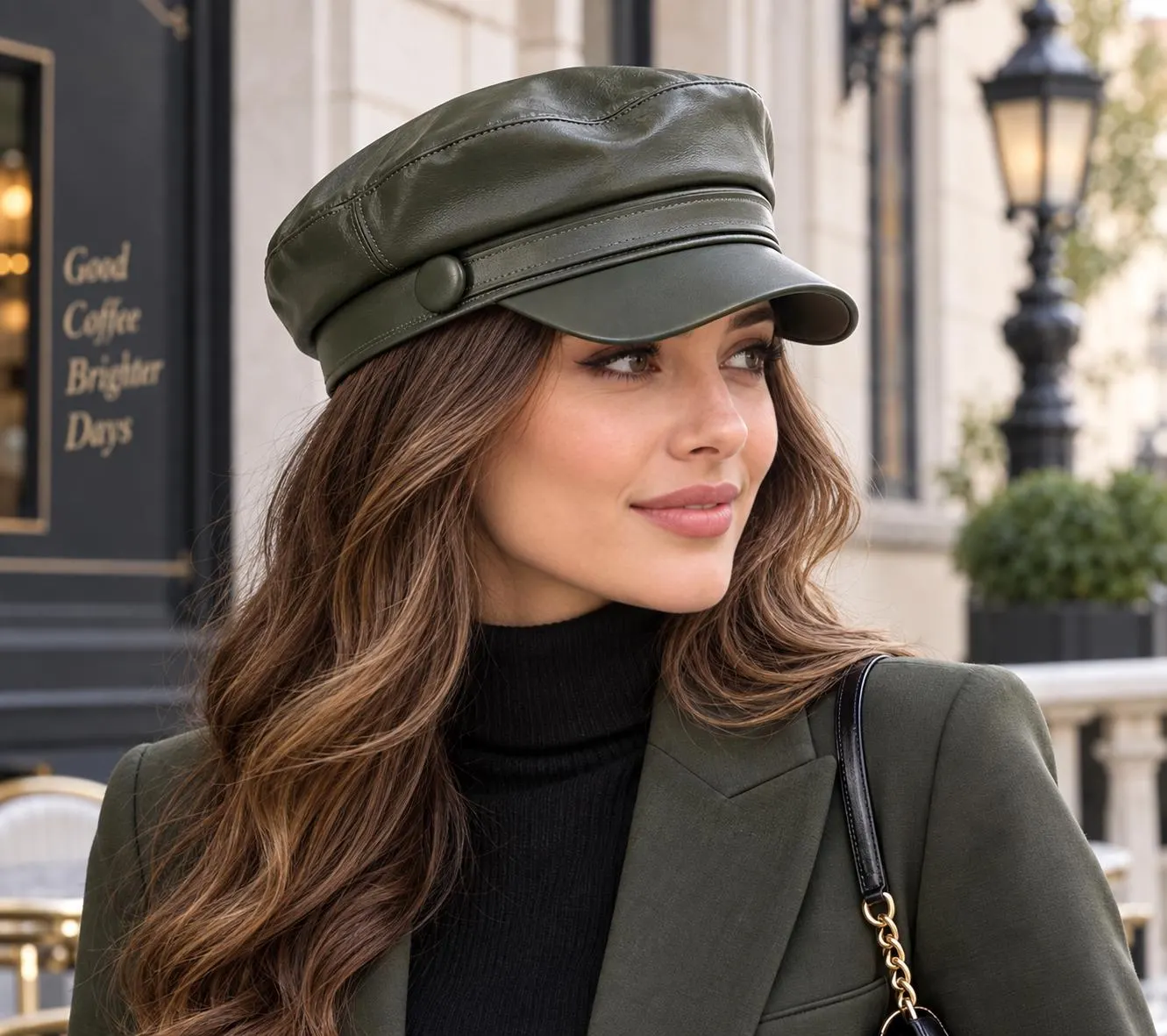 Women's PU Leather Beret Hat, Flat Top Cap, Military Inspired Style