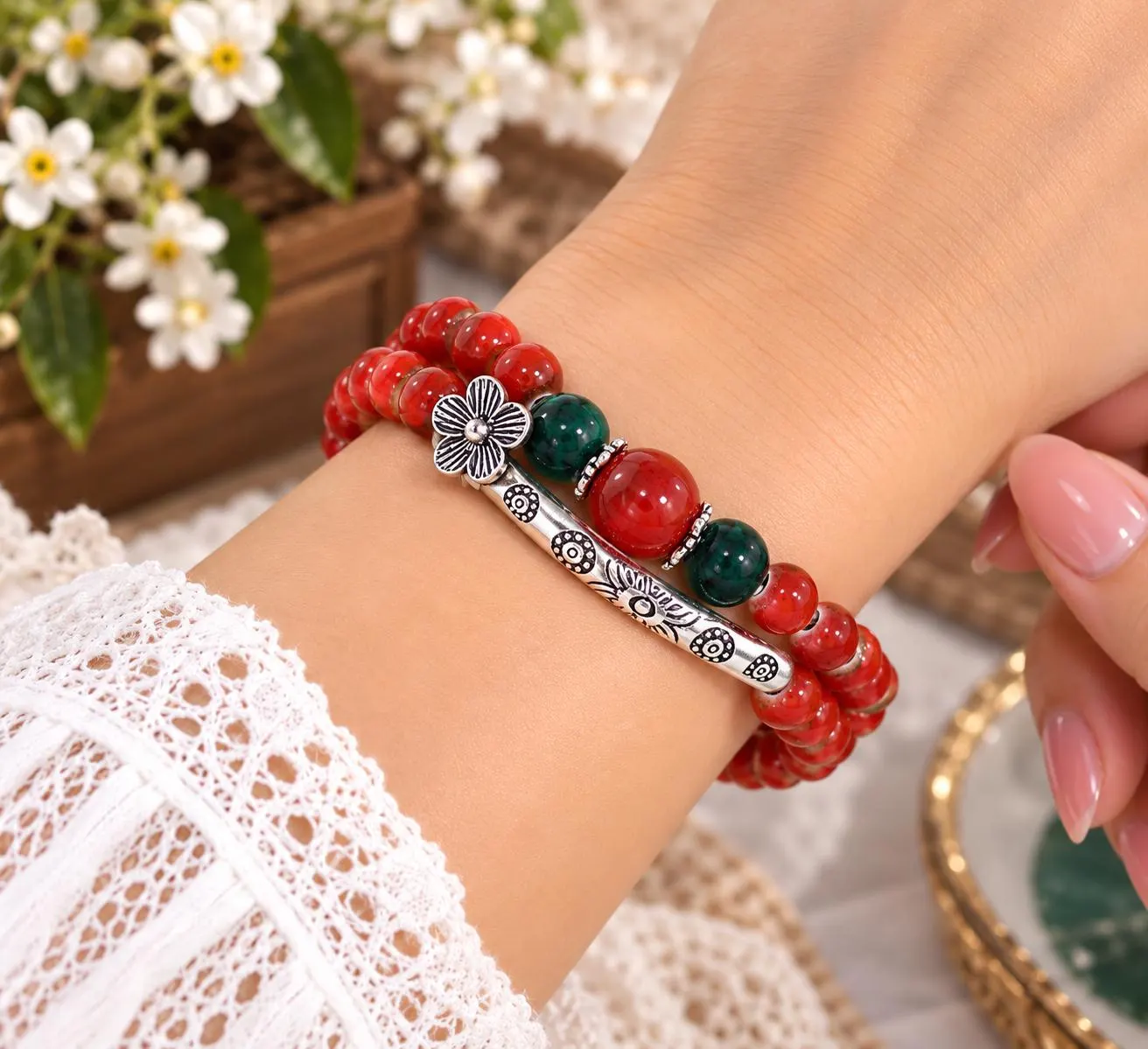 Ceramic Charm Bangle Bracelet, Floral Beaded Jewelry, Everyday Accessory