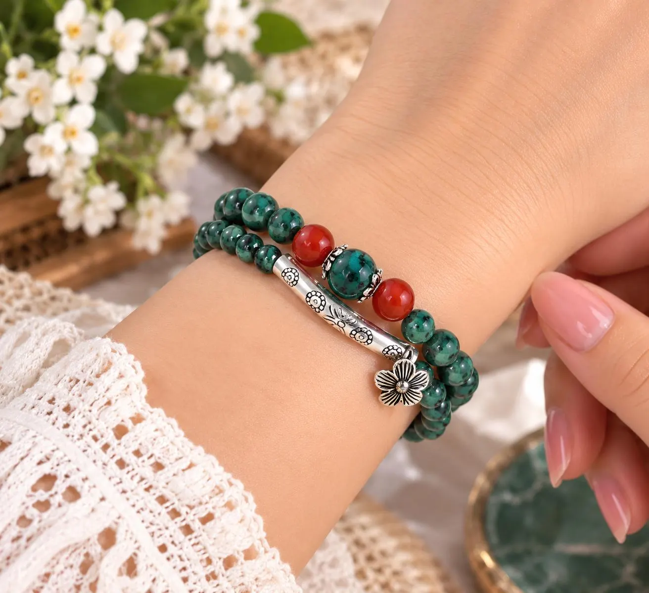 Ceramic Charm Bangle Bracelet, Floral Beaded Jewelry, Everyday Accessory - image 3