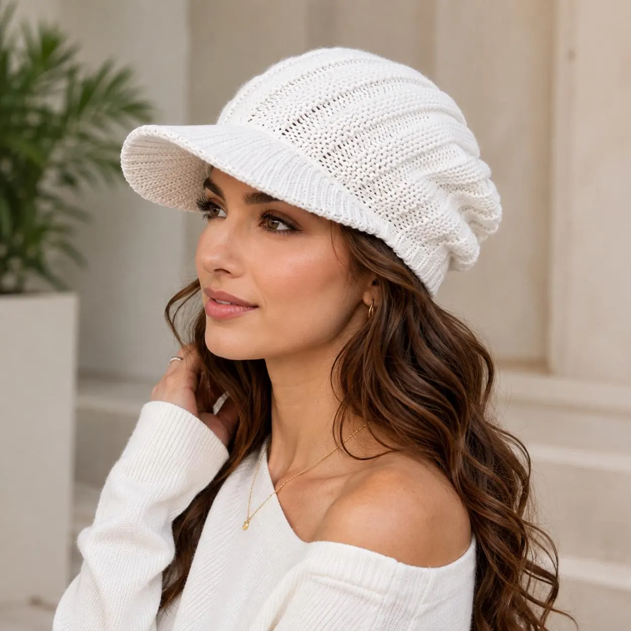 Womens Cashmere Angora Wool Hat Winter Double Layer Visor Beanie Warm Chunky Knit Peak Cap