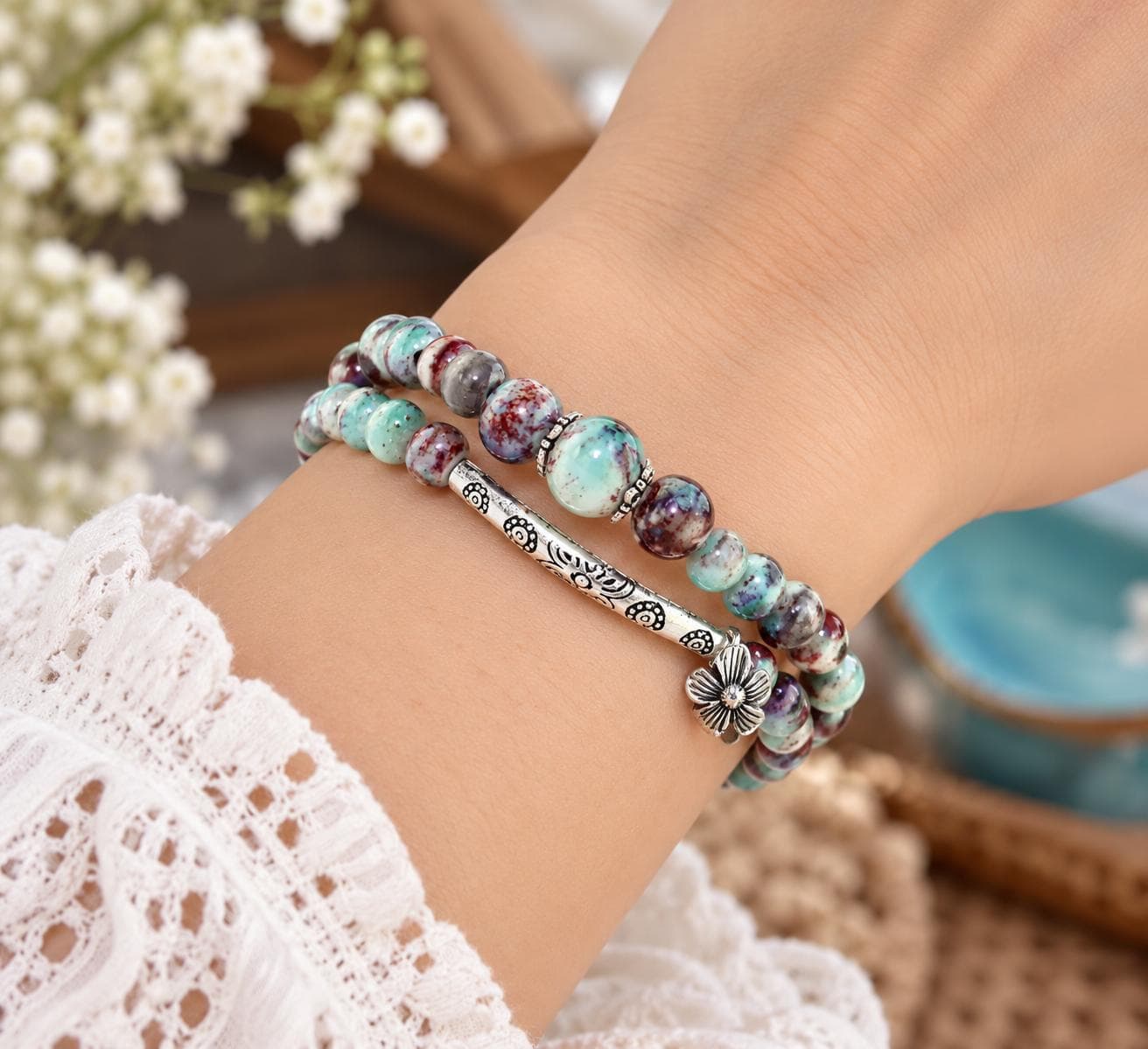 Ceramic Charm Bangle Bracelet, Floral Beaded Jewelry, Everyday Accessory - image 5