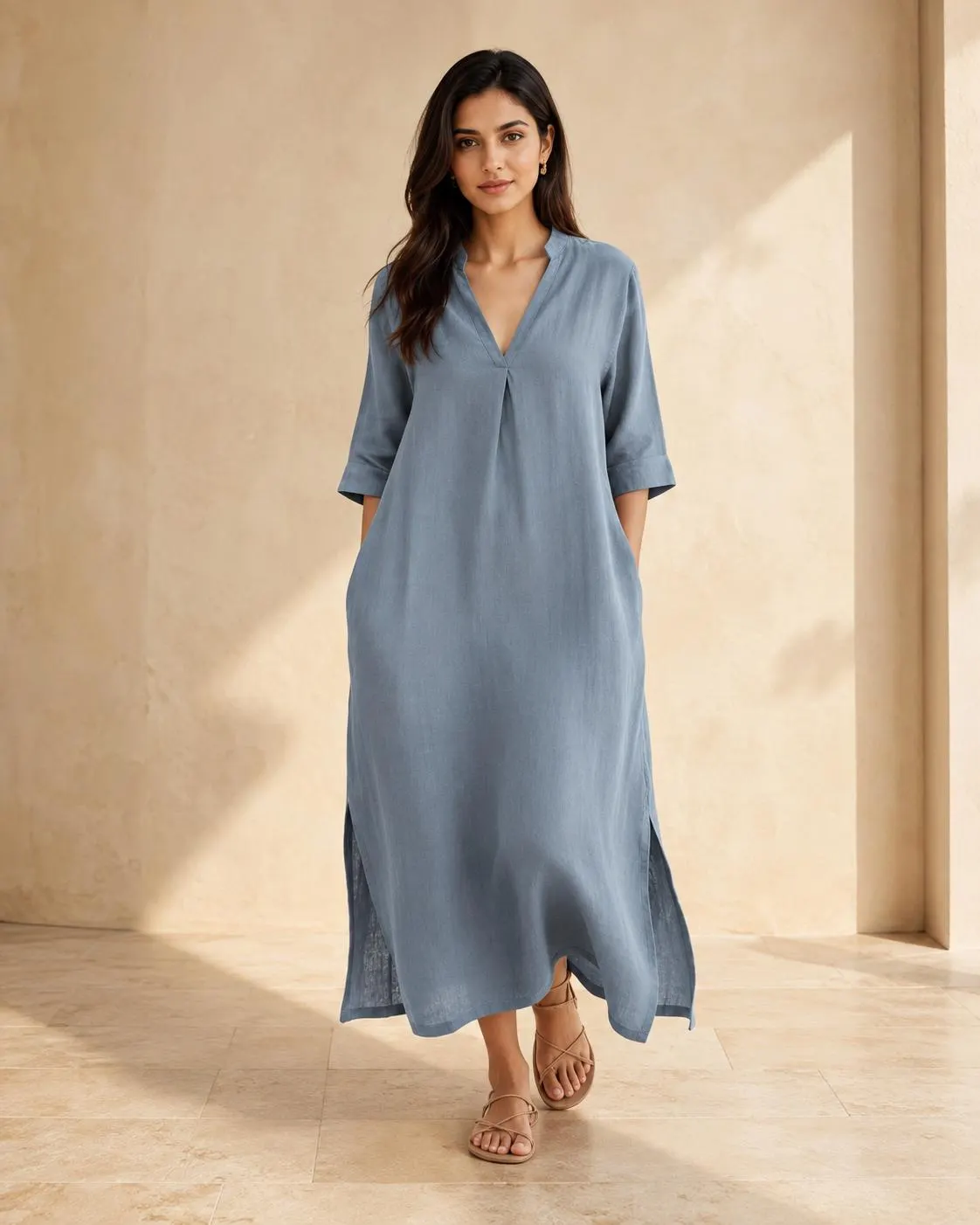 Dusty Blue Linen Maxi Dress for Women, Relaxed Fit Long Dress, Minimalist Summer Dress