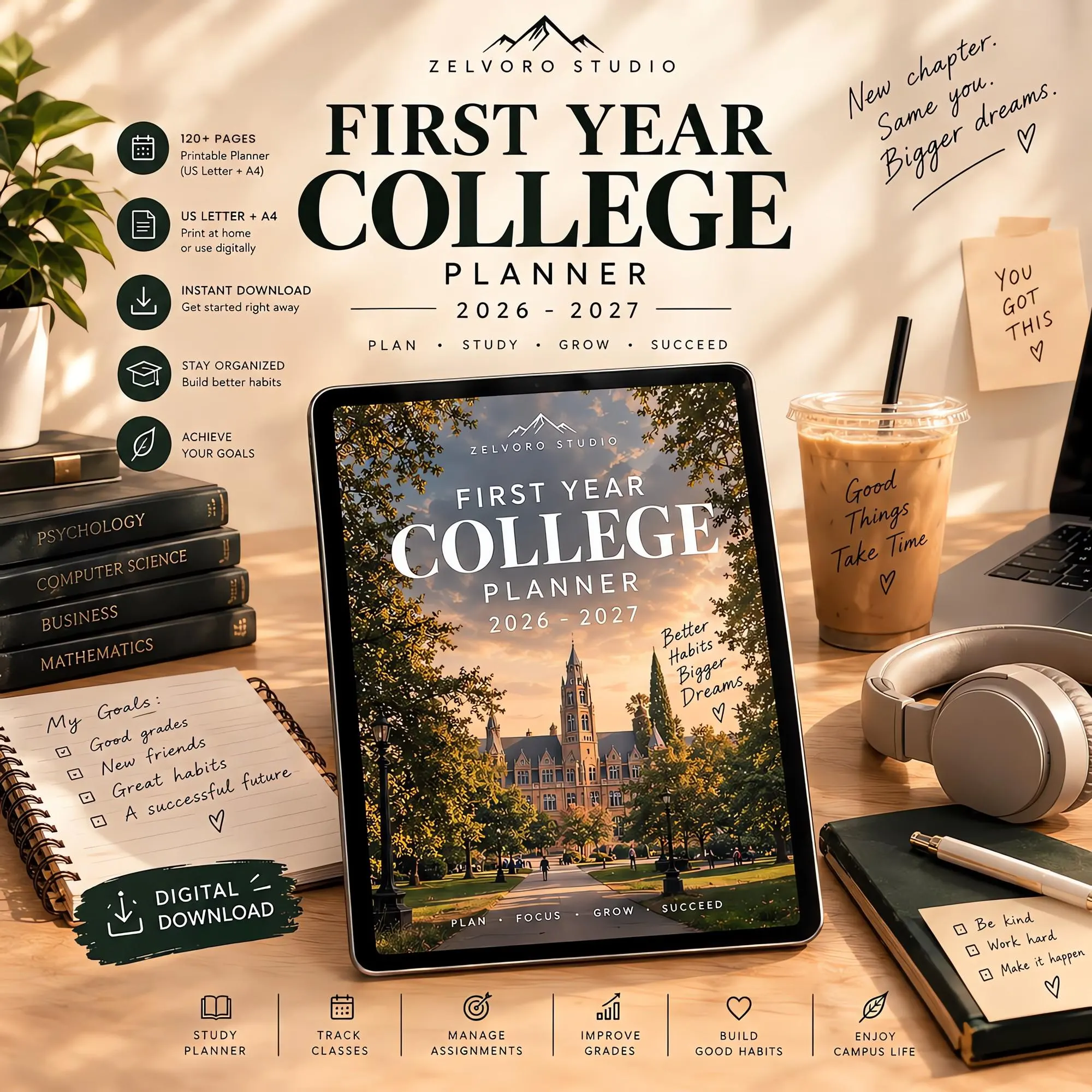 First Year College Planner 2026-2027, Digital Student Planner GoodNotes, Hyperlinked Academic Planner, Printable College Planner PDF