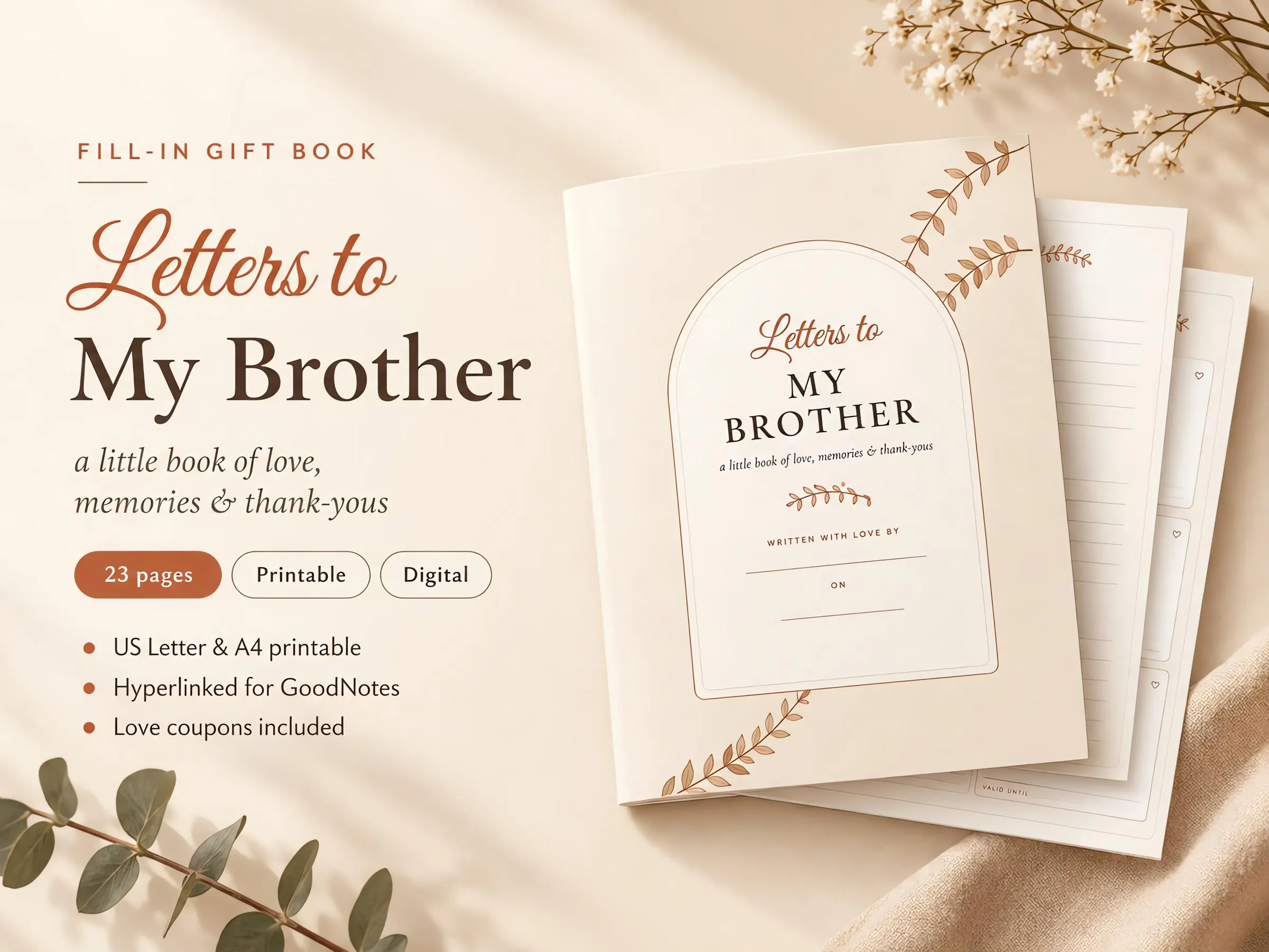 Letters to My Brother, Fill in the Blank Book for Brother, Christmas Gift for Brother from Sister, Printable Sibling Journal, Bro Gift