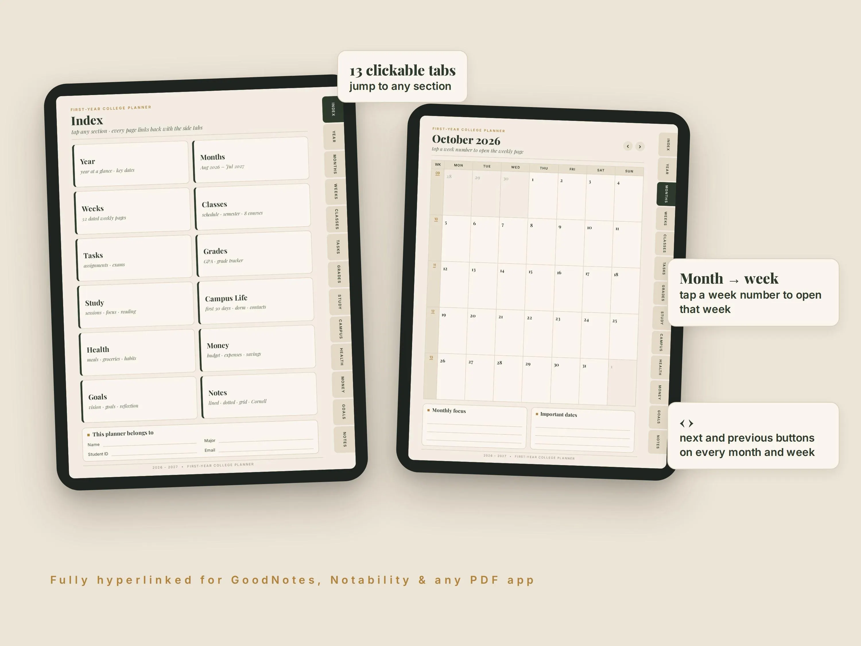 First Year College Planner 2026-2027, Digital Student Planner GoodNotes, Hyperlinked Academic Planner, Printable College Planner PDF - image 4