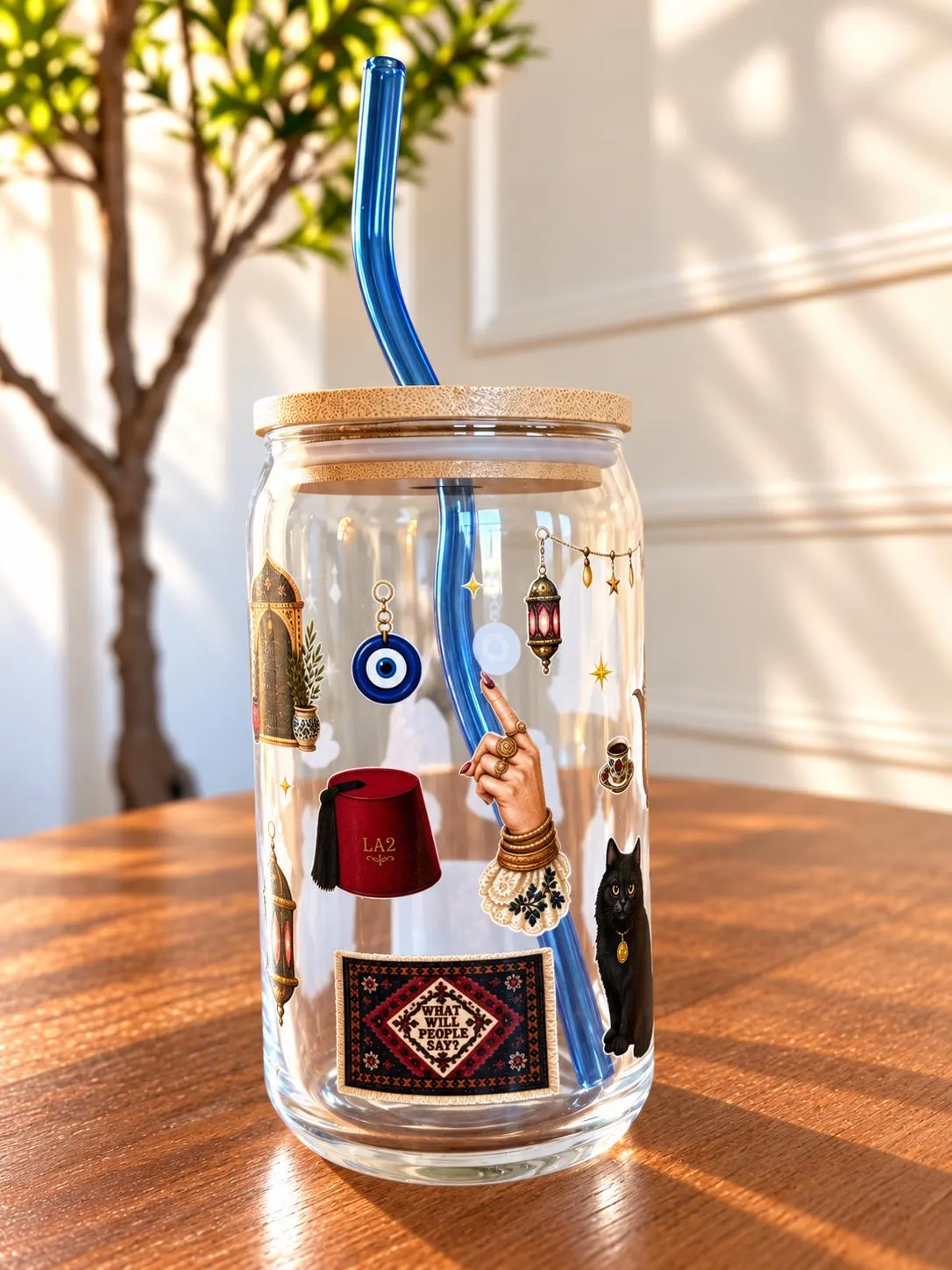 Mama Said It's Ayb Illustrated Glass Coffee Cup | Evil Eye | Arab Middle Eastern Cup | Glass Tumbler | 16oz