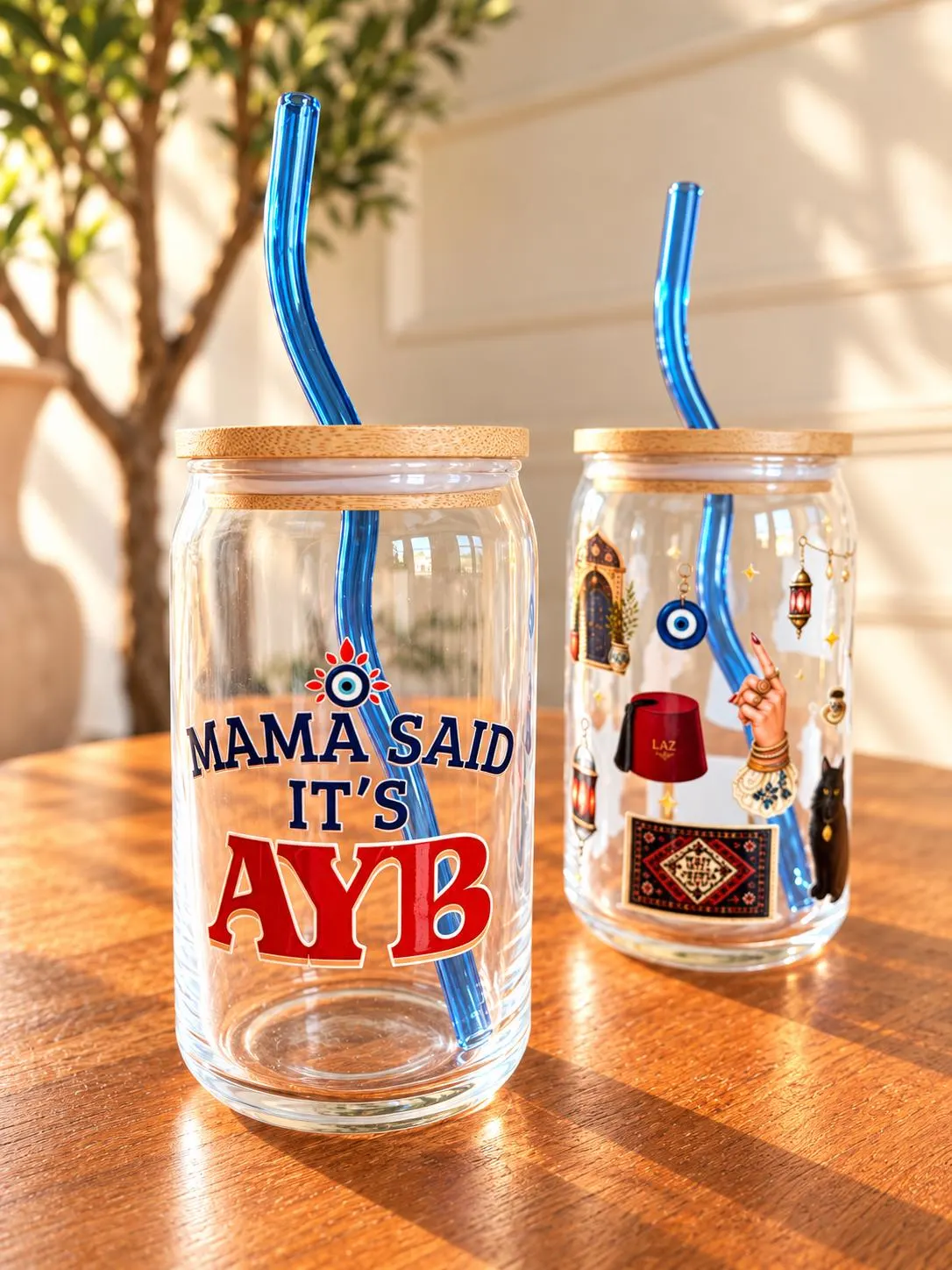 Mama Said It's Ayb Illustrated Glass Coffee Cup | Evil Eye | Arab Middle Eastern Cup | Glass Tumbler | 16oz - image 3