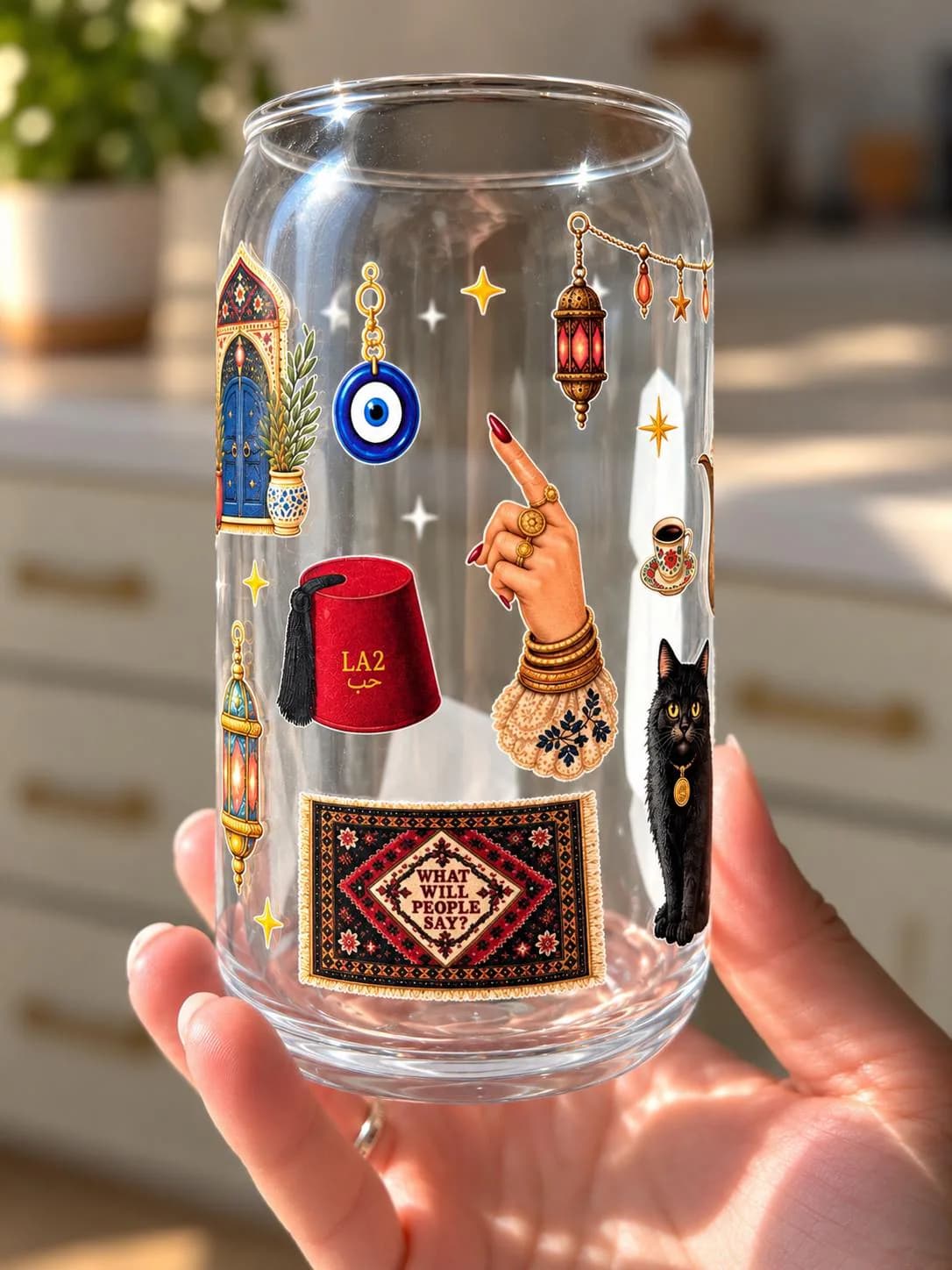 Mama Said It's Ayb Illustrated Glass Coffee Cup | Evil Eye | Arab Middle Eastern Cup | Glass Tumbler | 16oz - image 4