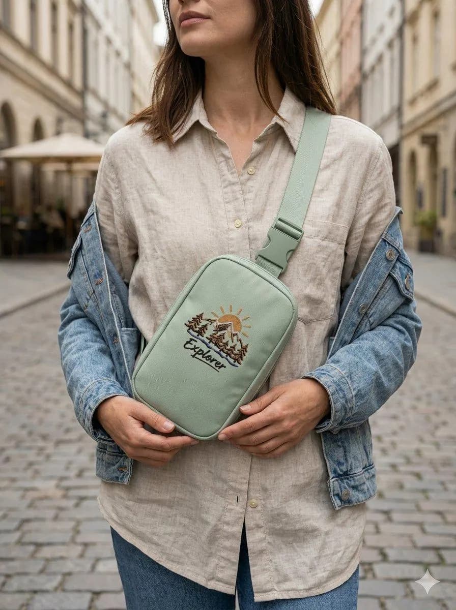 Embroidered Mountain Sunrise Explorer Sling Bag | Nylon Taslan, Outdoor Style