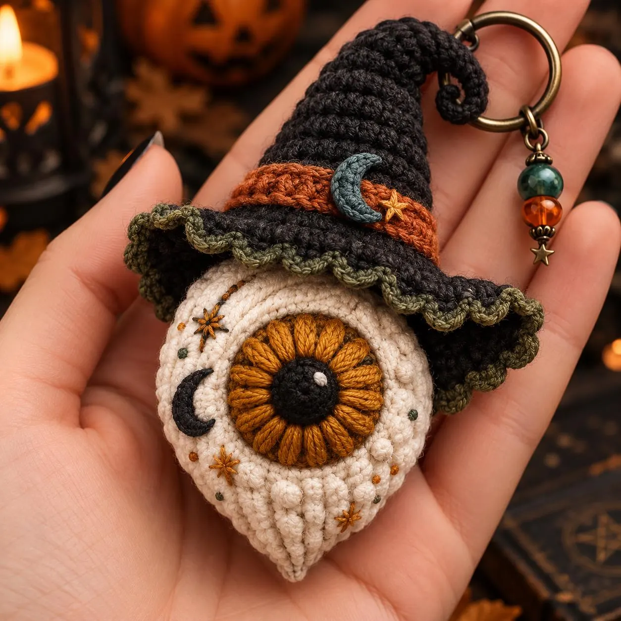 Sunflower-Eye Witch Hat Keychain Crochet Pattern, Gothic Halloween Amigurumi (Digital Download)