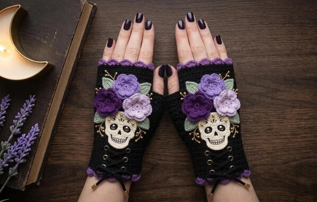 Gothic Sugar Skull Fingerless Gloves Crochet Pattern (PDF)