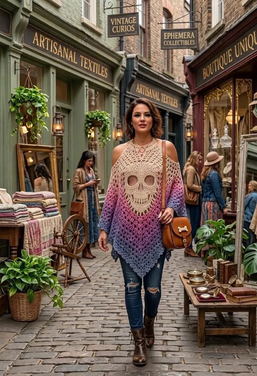 Ombre Filet Crochet Skull Poncho Pattern, Gothic Lace Halter Top (Digital Download) - image 5
