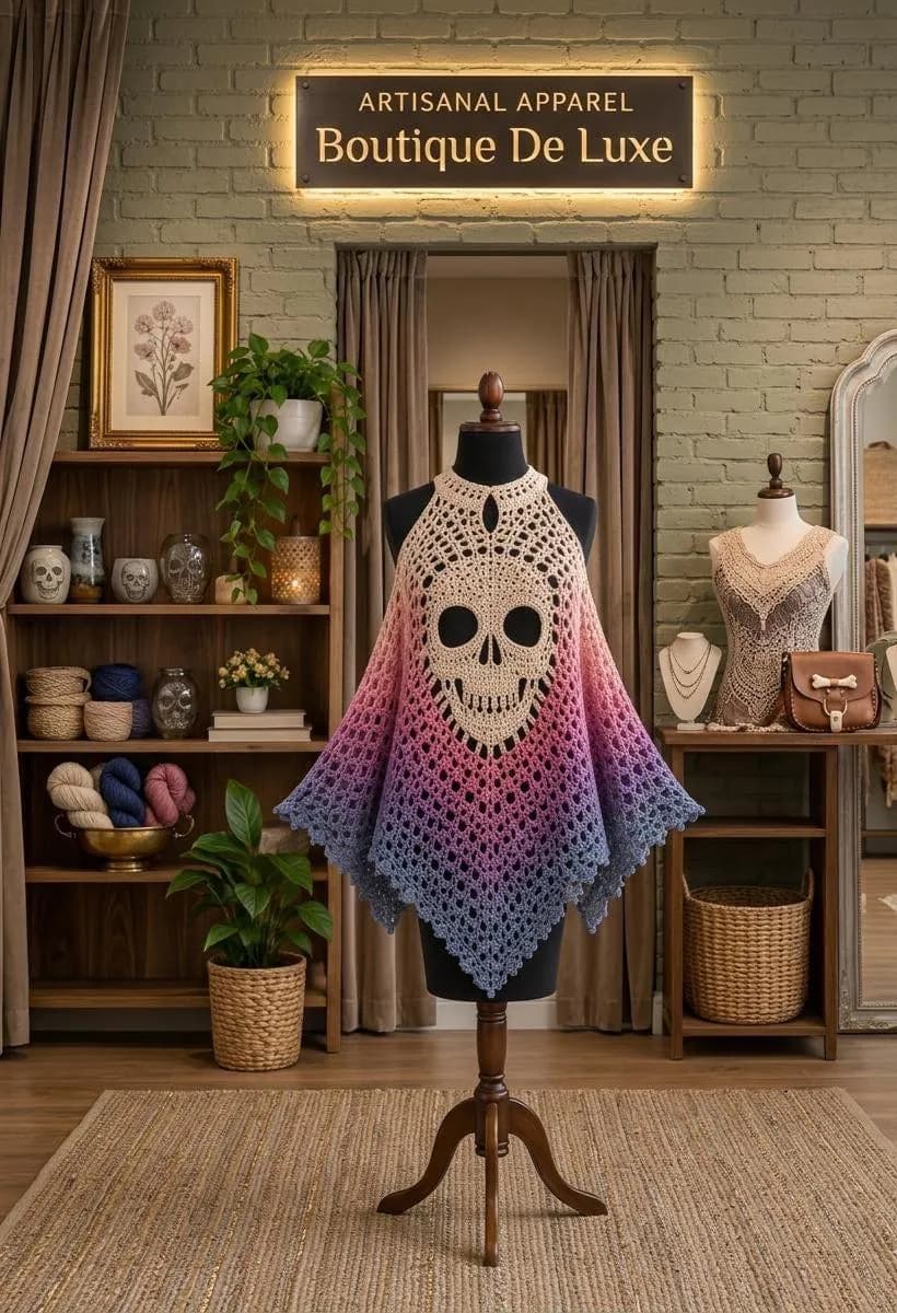 Ombre Filet Crochet Skull Poncho Pattern, Gothic Lace Halter Top (Digital Download) - image 4