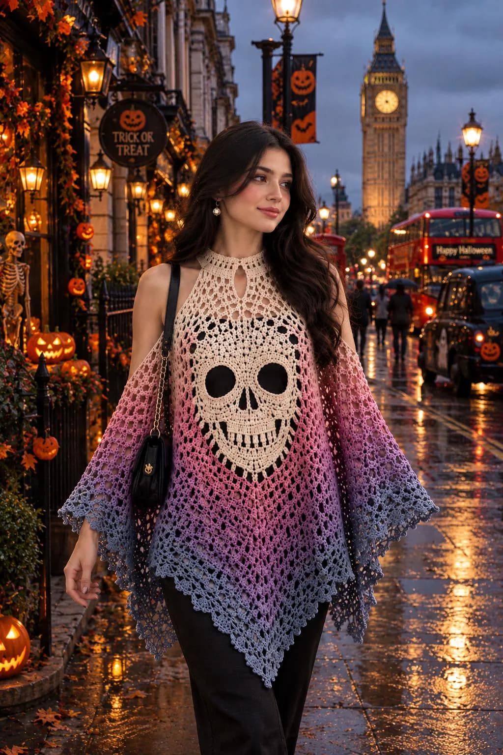 Ombre Filet Crochet Skull Poncho Pattern, Gothic Lace Halter Top (Digital Download)
