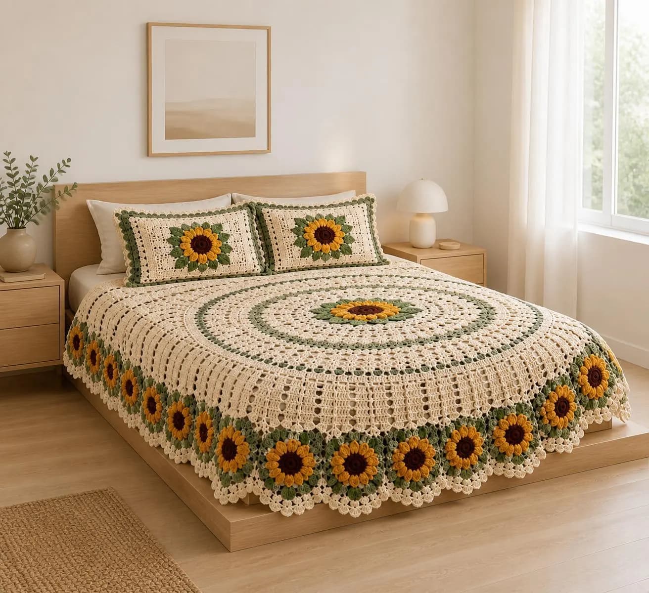Sunflower Crochet Bedspread & Sham Pattern, Round Lace Coverlet (PDF)