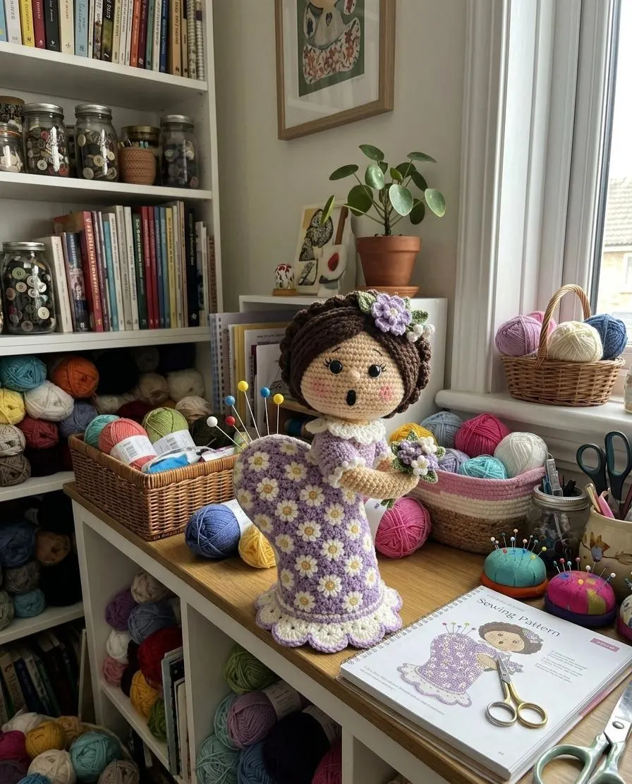 Daisy Garden Pincushion Doll Crochet Pattern, Amigurumi Sewing Accessory (PDF)