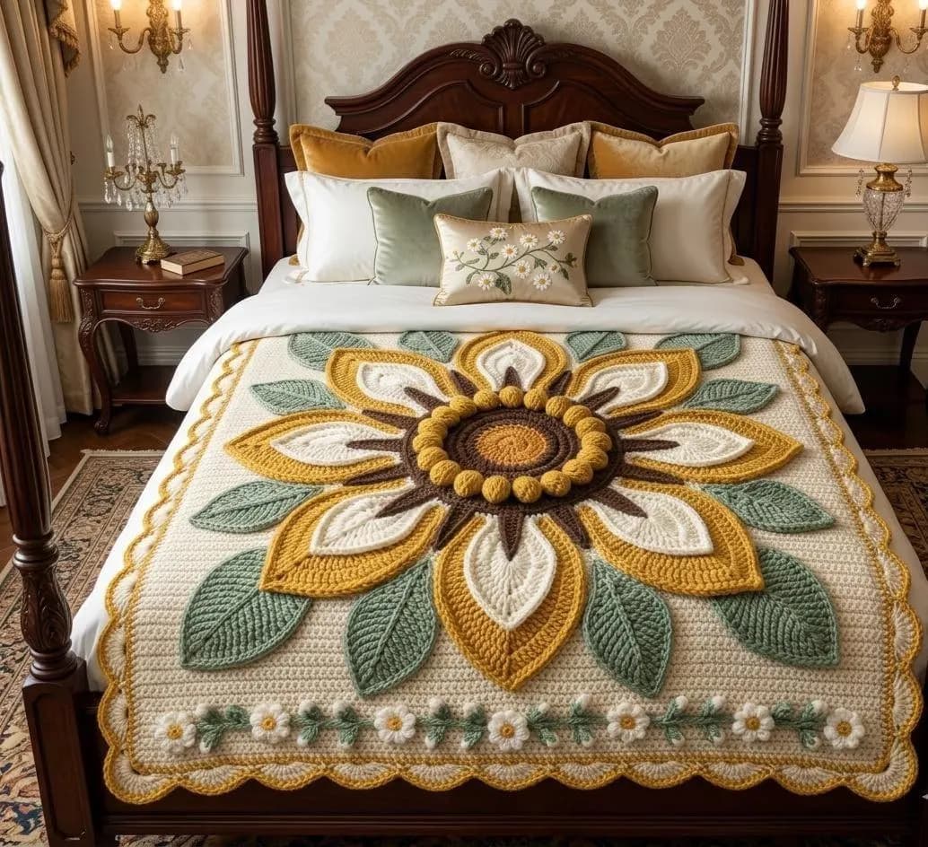 Sunflower Granny Square Crochet Blanket Pattern, Queen Size Bedspread (PDF Download)