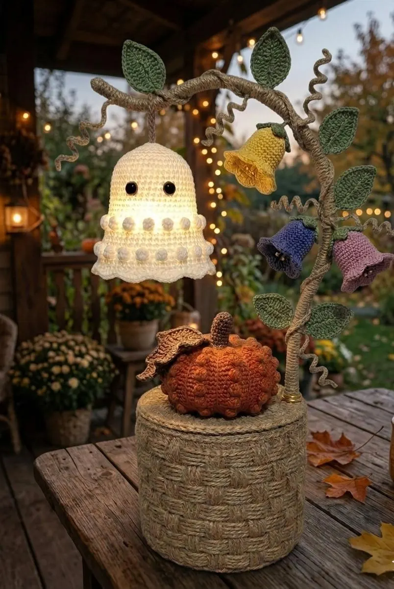 Crochet Ghost Lamp Pattern, Halloween Vine Light, Pumpkin Bellflowers (PDF)