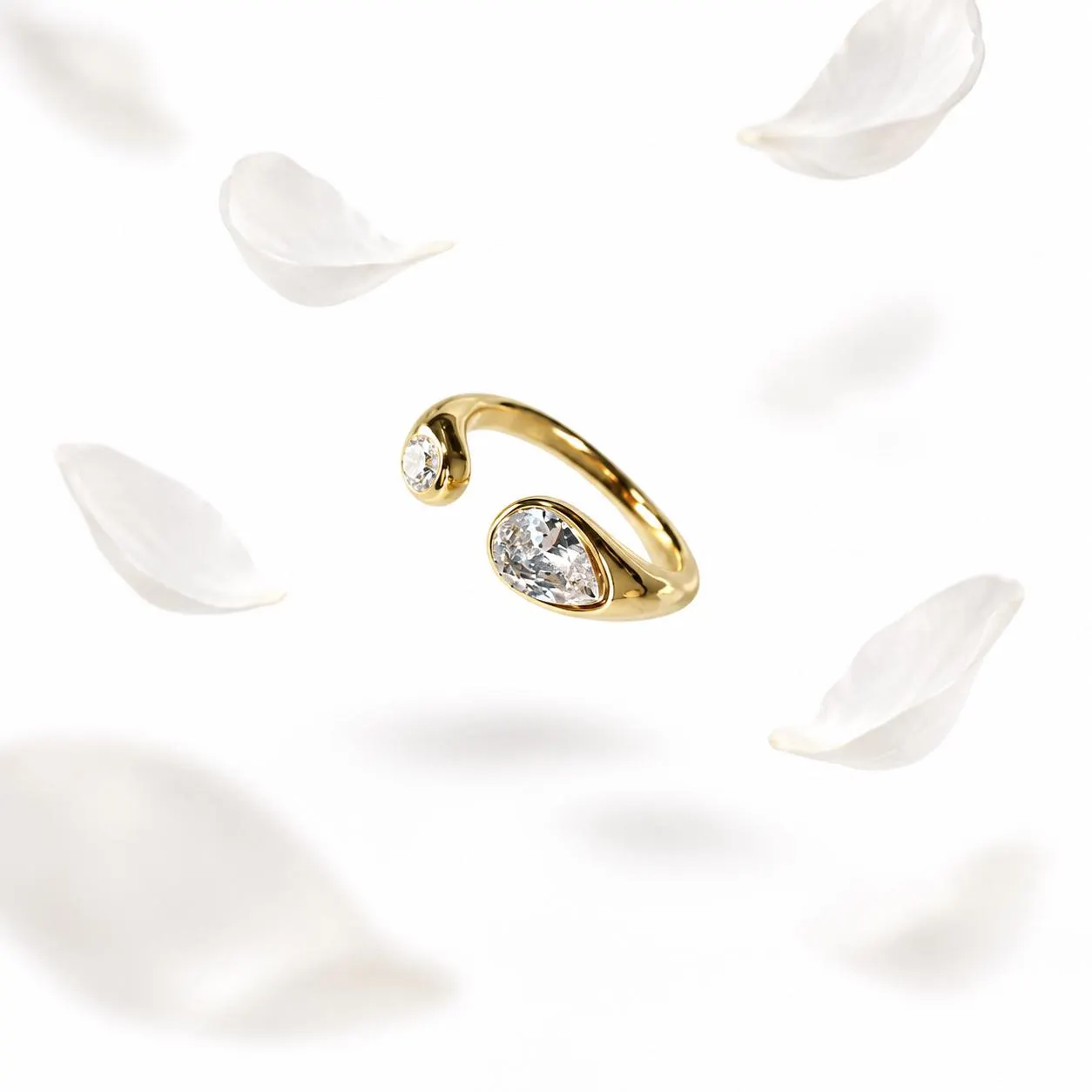 18K Gold PVD Stainless Steel Cuff Ring | Pear & Round CZ, Waterproof Stacking Band