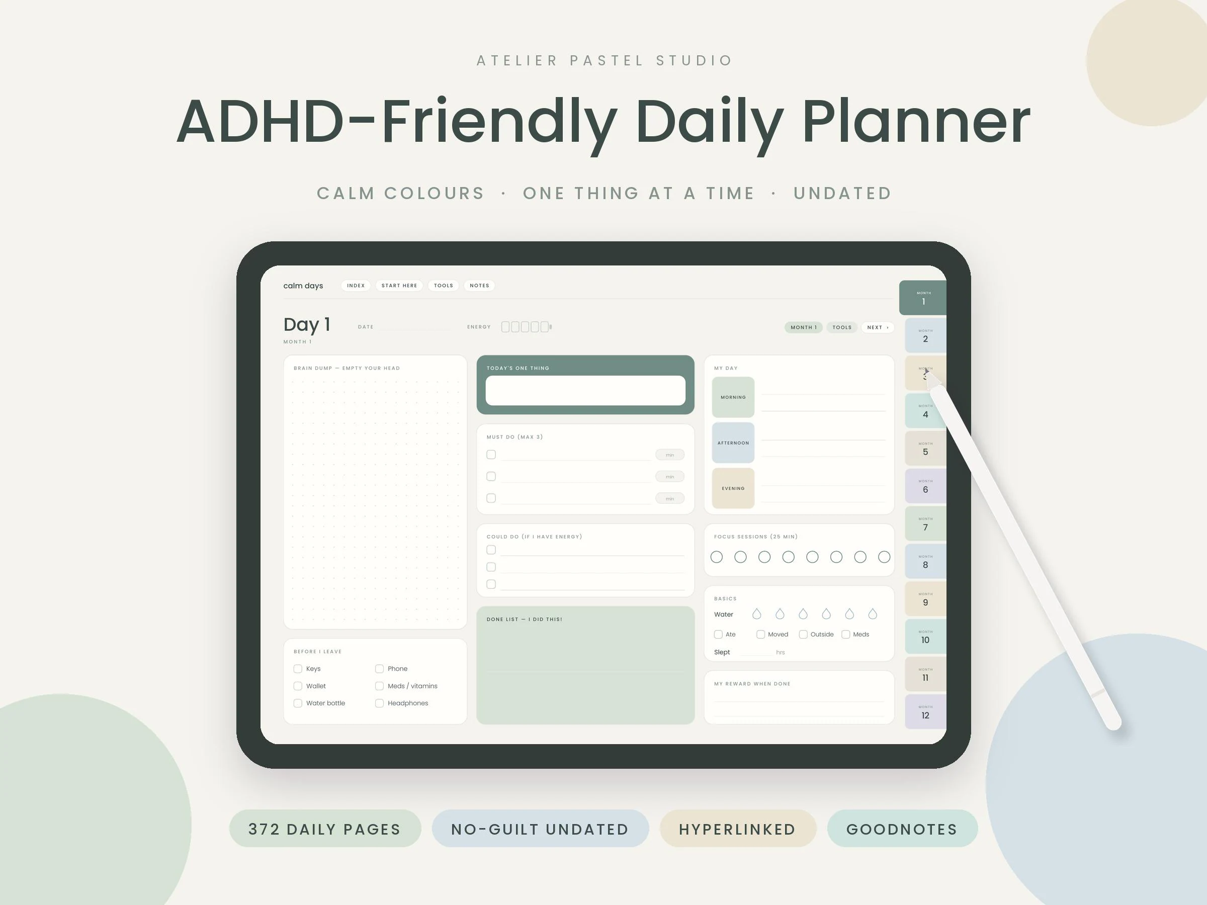 ADHD Planner, Undated Daily Planner, ADHD Friendly Digital Planner GoodNotes, Brain Dump, Focus Planner, Calm Minimalist iPad Planner