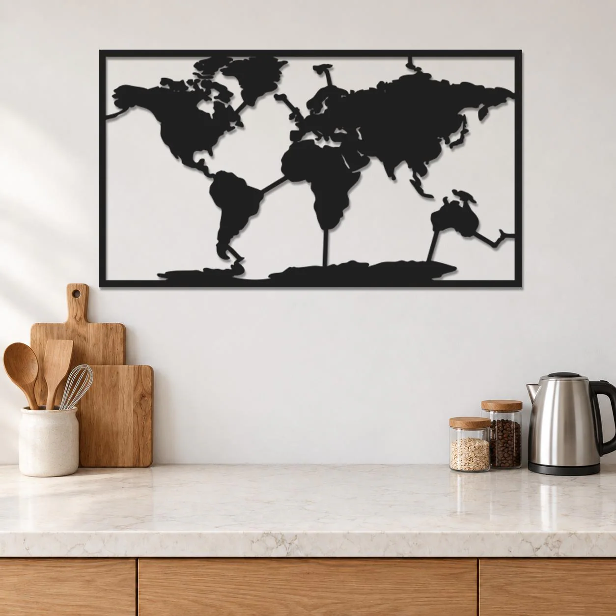 World Map Art, Framed Continent Silhouettes, Global Travel Design, Rectangular Metal Panel, Geography Wall Sculpture, Journey Inspired Decor - image 2