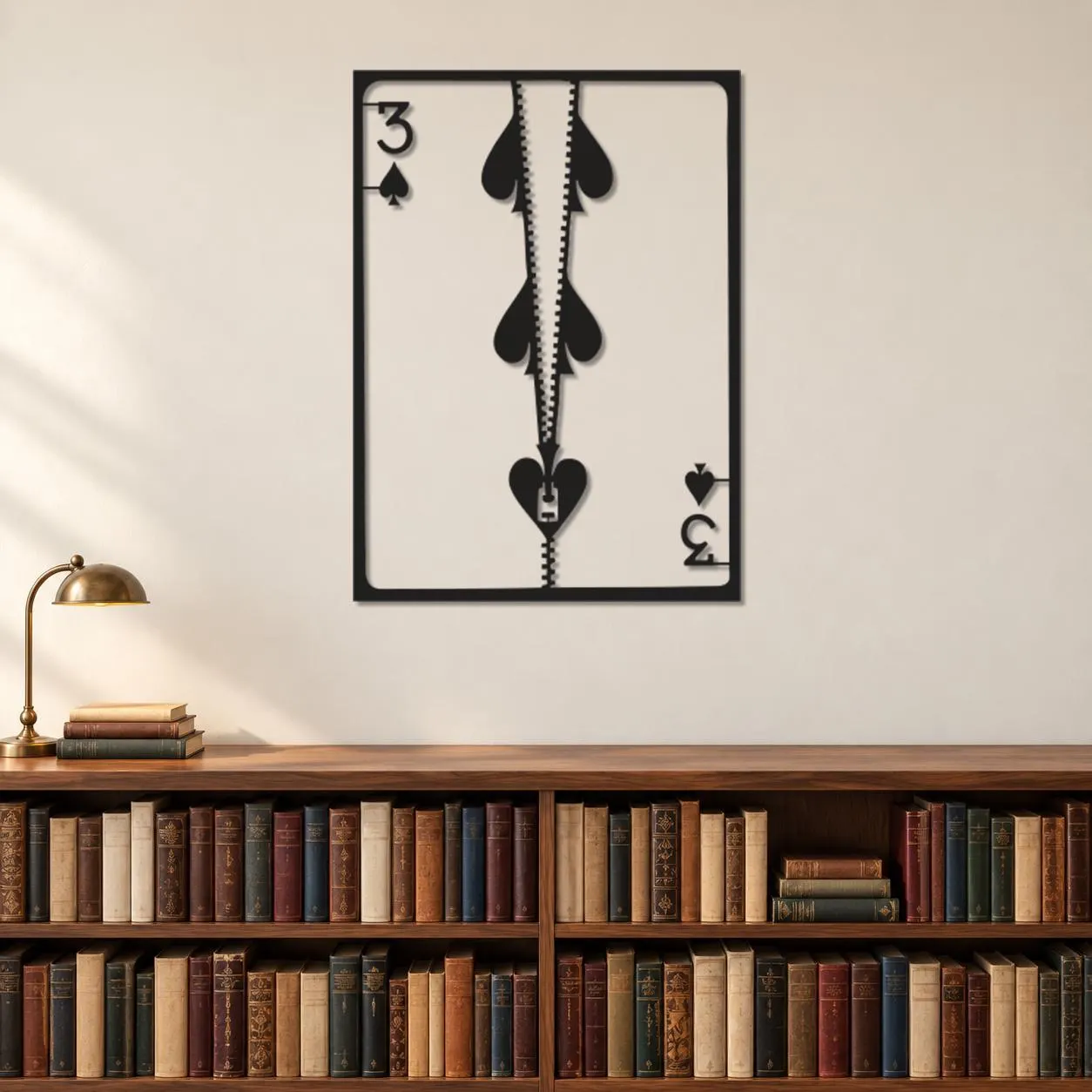 Spade Card Art, Three Spades Design, Central Zipper Detail, Playing Card Frame, Graphic Metal Decor, Bold Suit Symbols, Decorative Sculpture - image 3