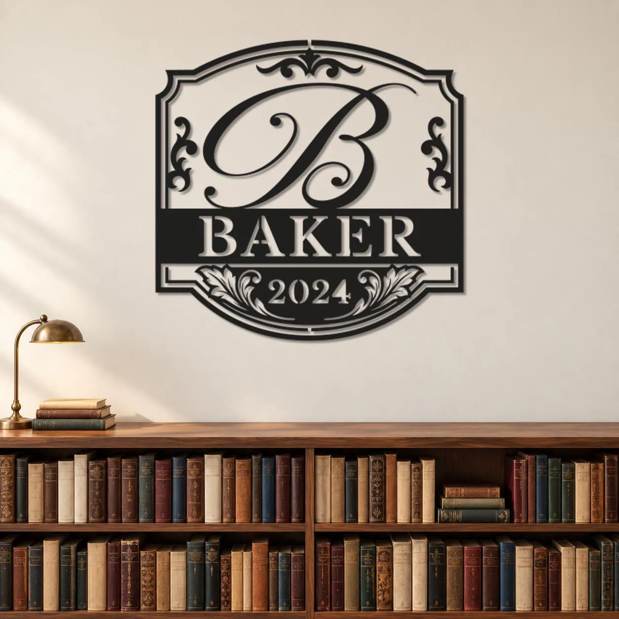 Baker Family Art, Monogram Letter B, Established Date Detail, Ornate Name Plaque, Scrollwork Border, Classic Lettering Design, Metal Artwork - image 4