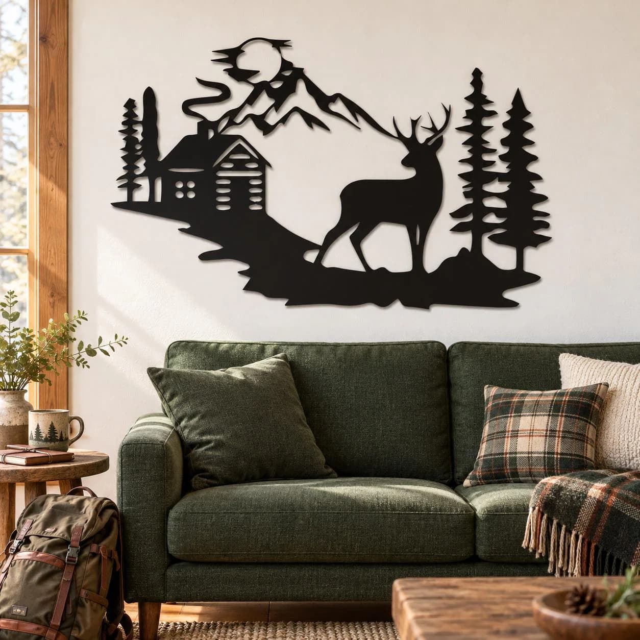 Deer Cabin Art, Mountain Woodland Scene, Pine Tree Silhouettes, Rustic Building Detail, Nature Lover Gift, Metal Wall Hanging, Metal Artwork