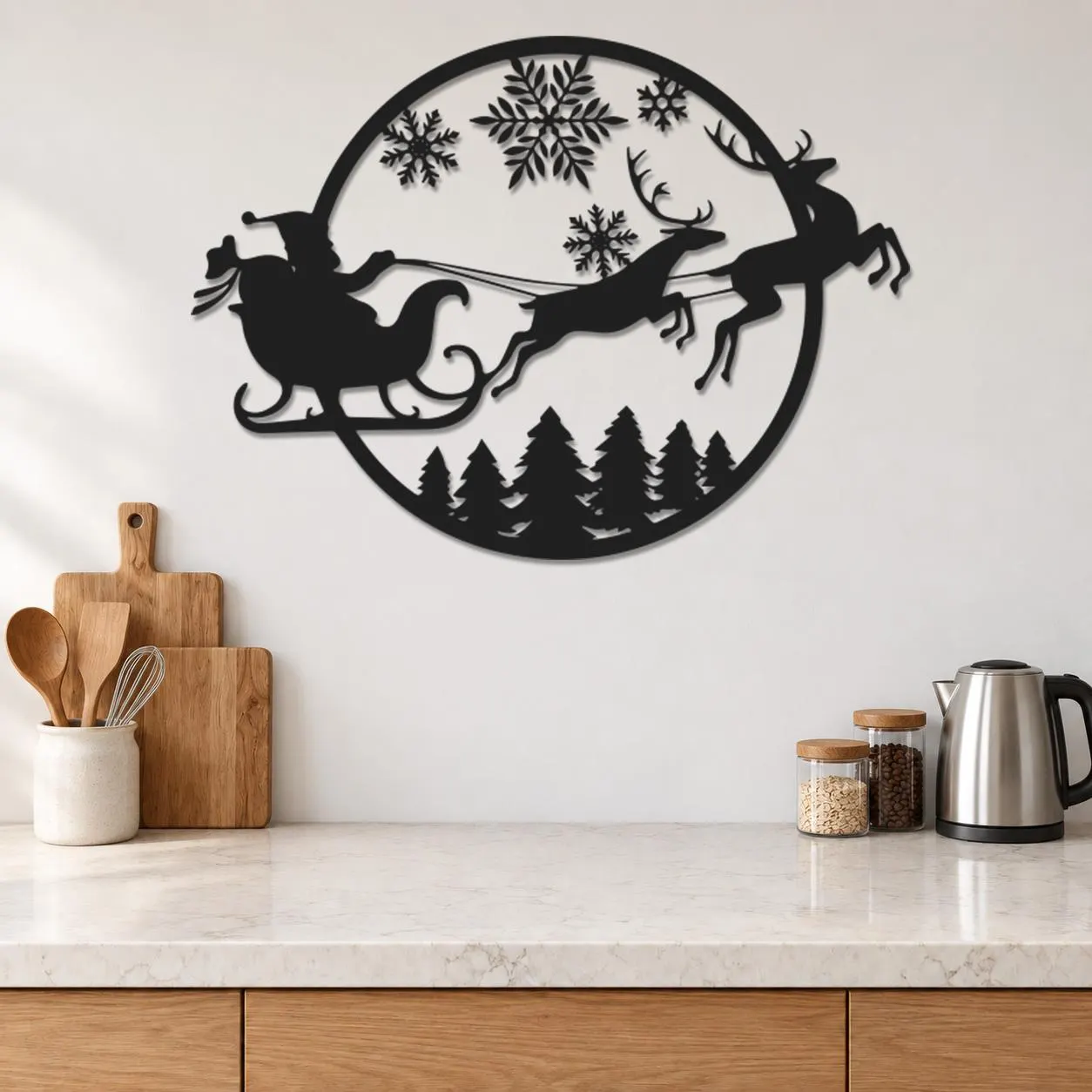 Santa Sleigh Scene, Round Christmas Art, Leaping Reindeer Pair, Snowflake Sky, Winter Night Design, Christmas Lover Gift, Metal Wall Hanging - image 3