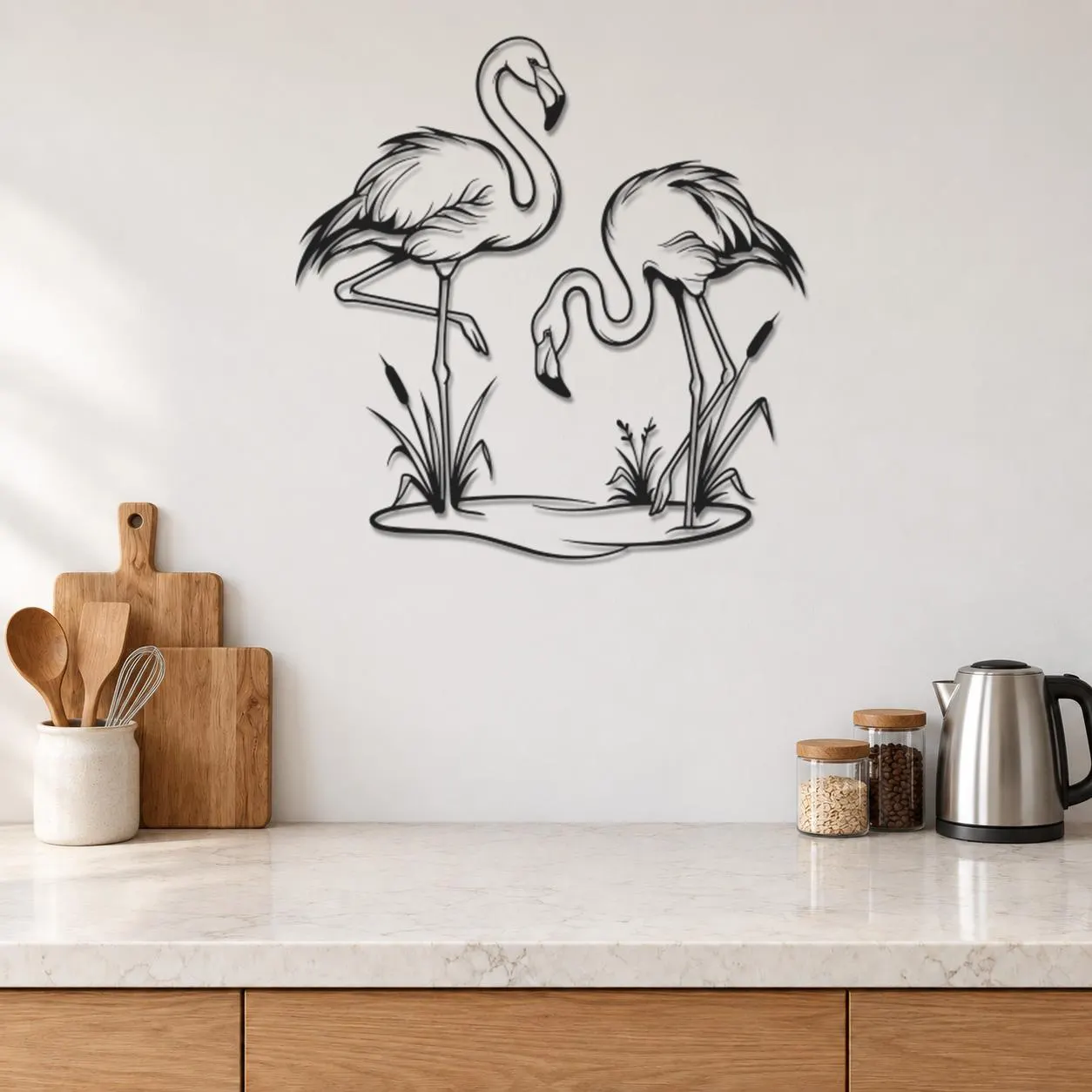 Flamingo Metal Art, Three Bird Scene, Long Leg Outlines, Reed Plant Detail, Wildlife Wall Sculpture, Nature Metal Decor, Powder Coated Metal - image 3