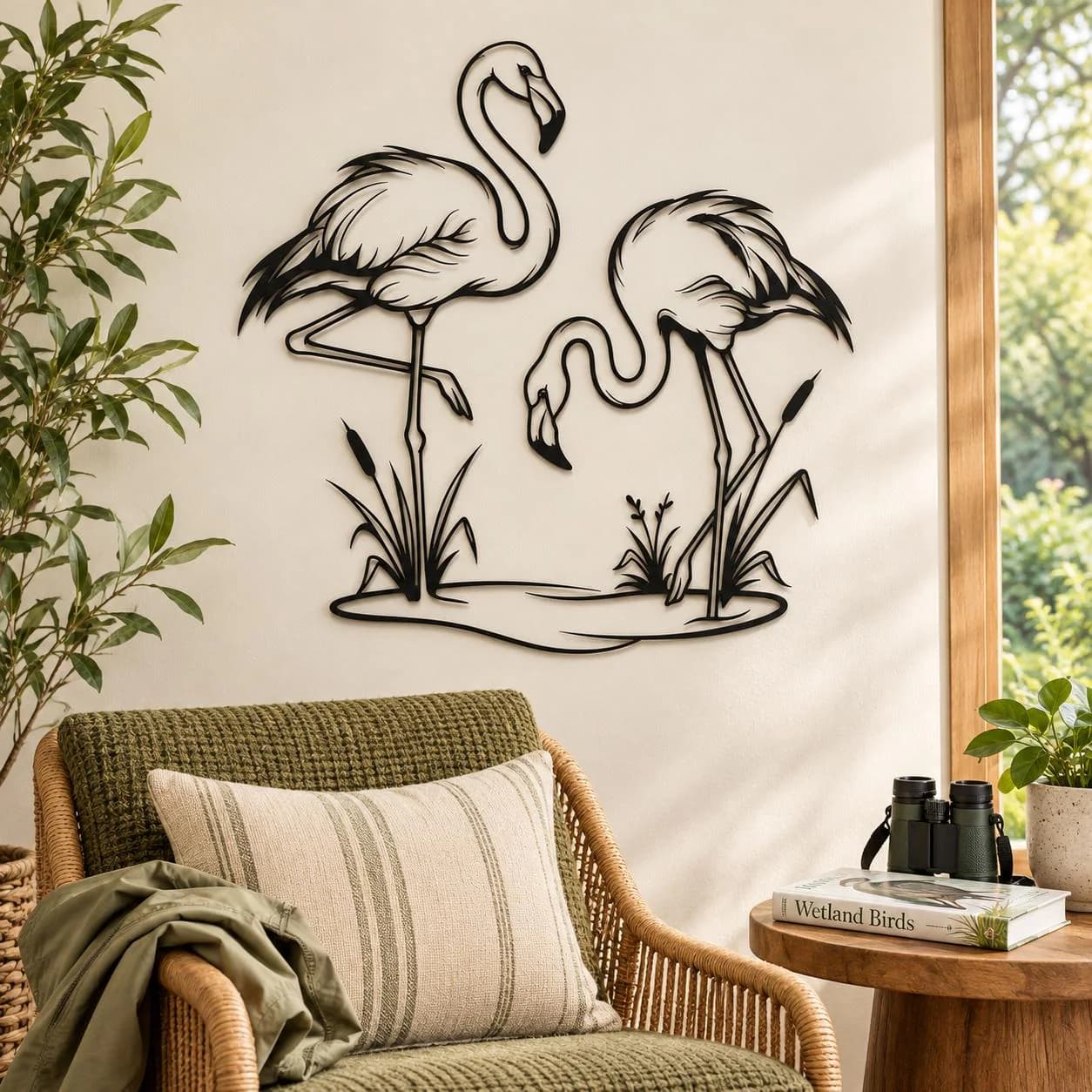 Flamingo Metal Art, Three Bird Scene, Long Leg Outlines, Reed Plant Detail, Wildlife Wall Sculpture, Nature Metal Decor, Powder Coated Metal