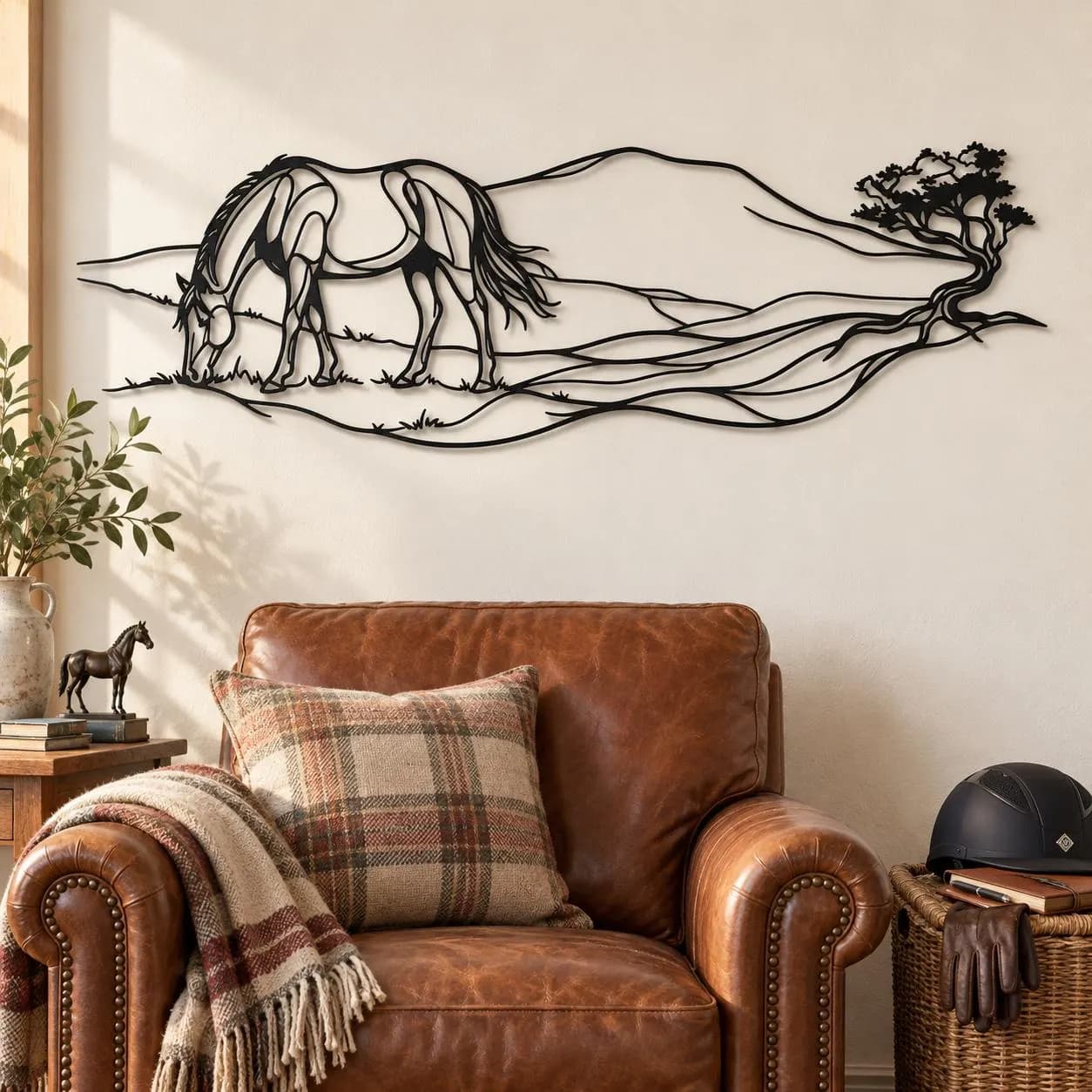 Grazing Horse Art, Flowing Meadow Scene, Lowered Head Pose, Distant Tree Detail, Pastoral Animal Artwork, Nature Metal Decor, Wall Sculpture