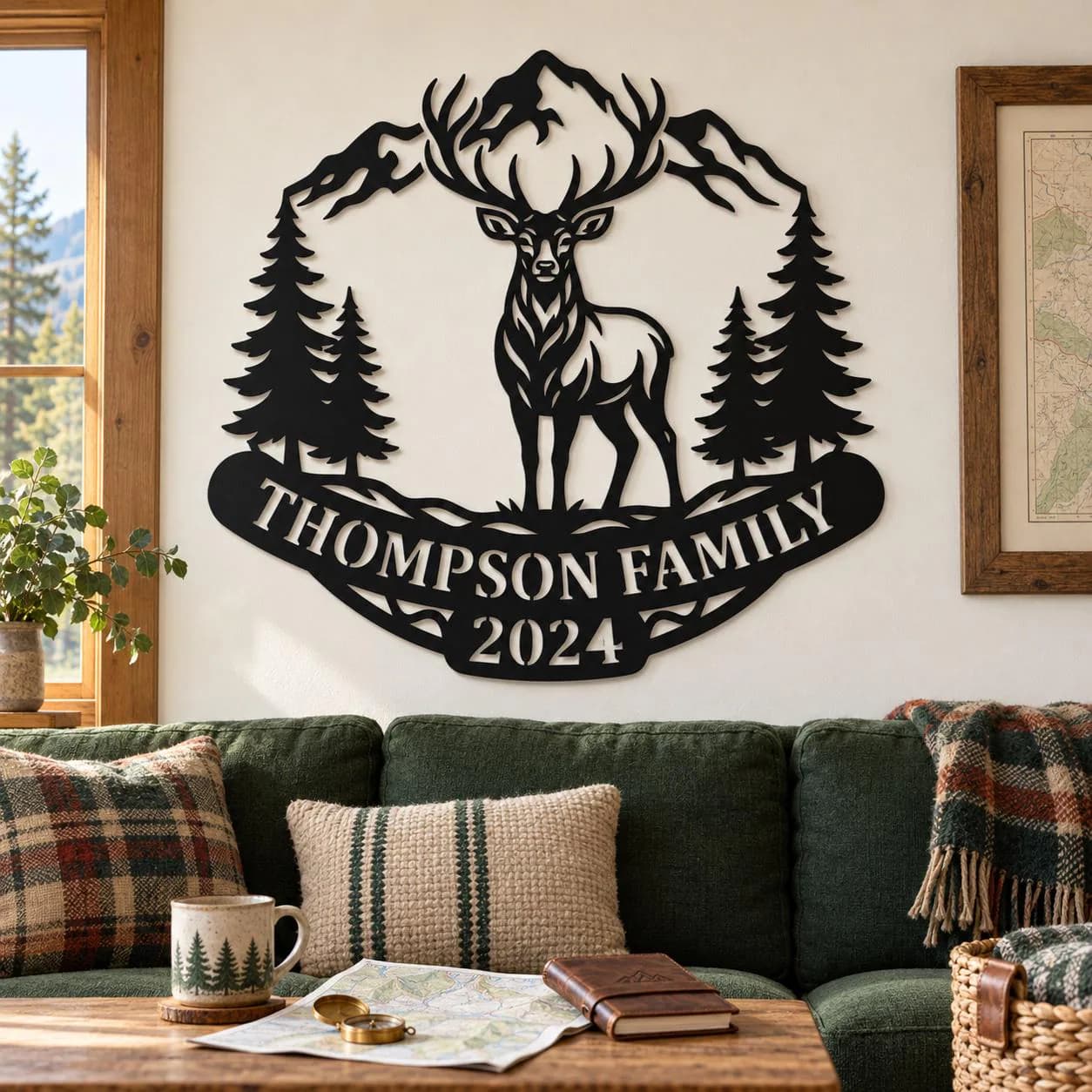 Thompson Deer Art, Family Name Banner, Mountain Stag Scene, Pine Tree Border, Year Lettering Detail, Wildlife Sculpture, Powder Coated Metal