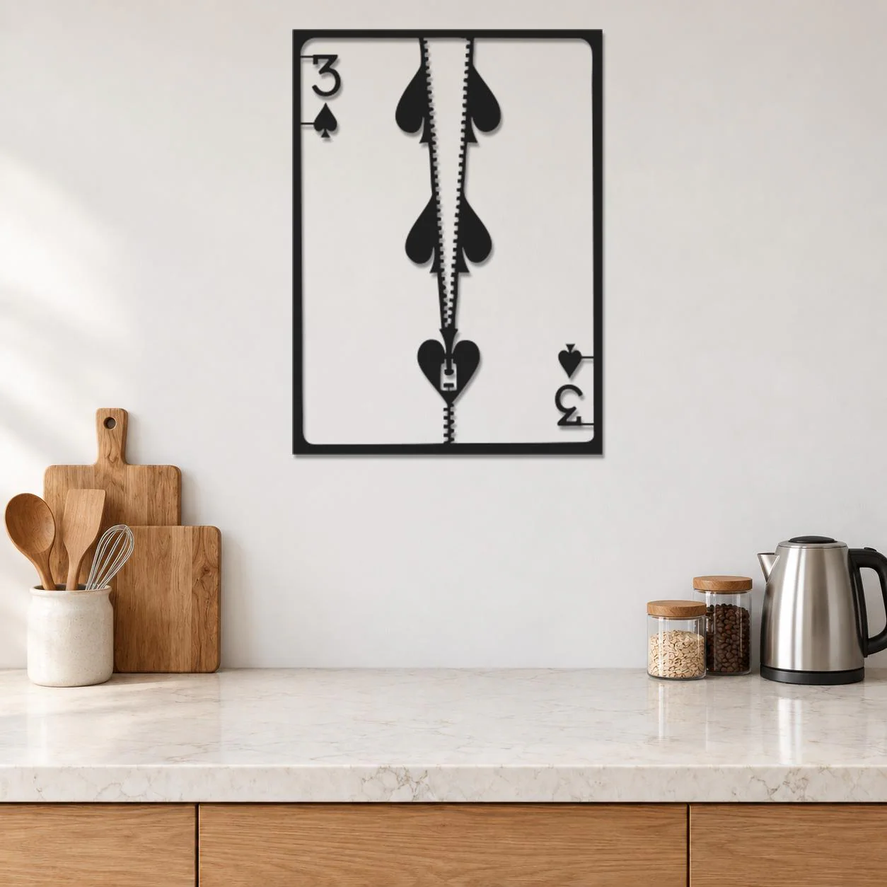 Spade Card Art, Three Spades Design, Central Zipper Detail, Playing Card Frame, Graphic Metal Decor, Bold Suit Symbols, Decorative Sculpture - image 2