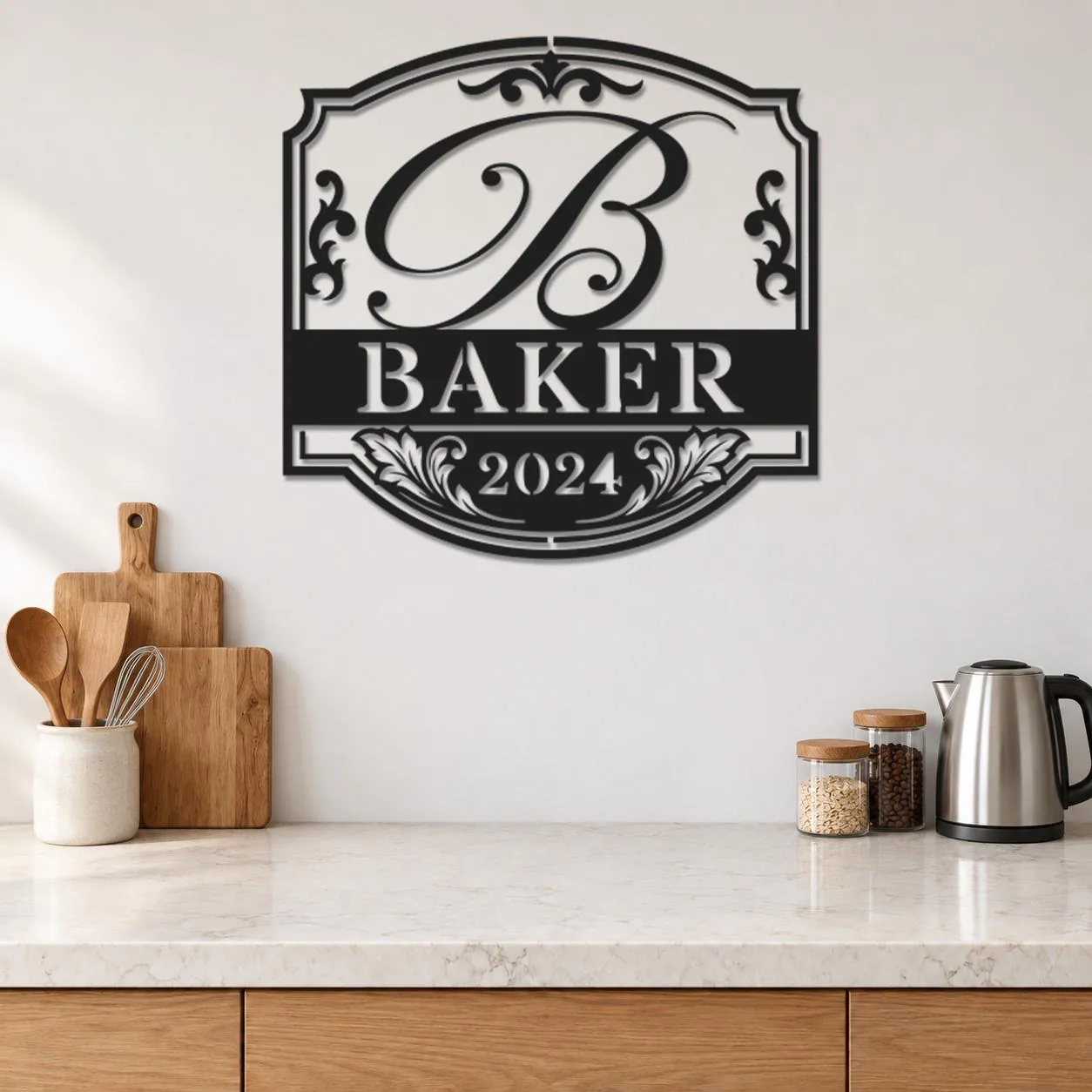 Baker Family Art, Monogram Letter B, Established Date Detail, Ornate Name Plaque, Scrollwork Border, Classic Lettering Design, Metal Artwork - image 3