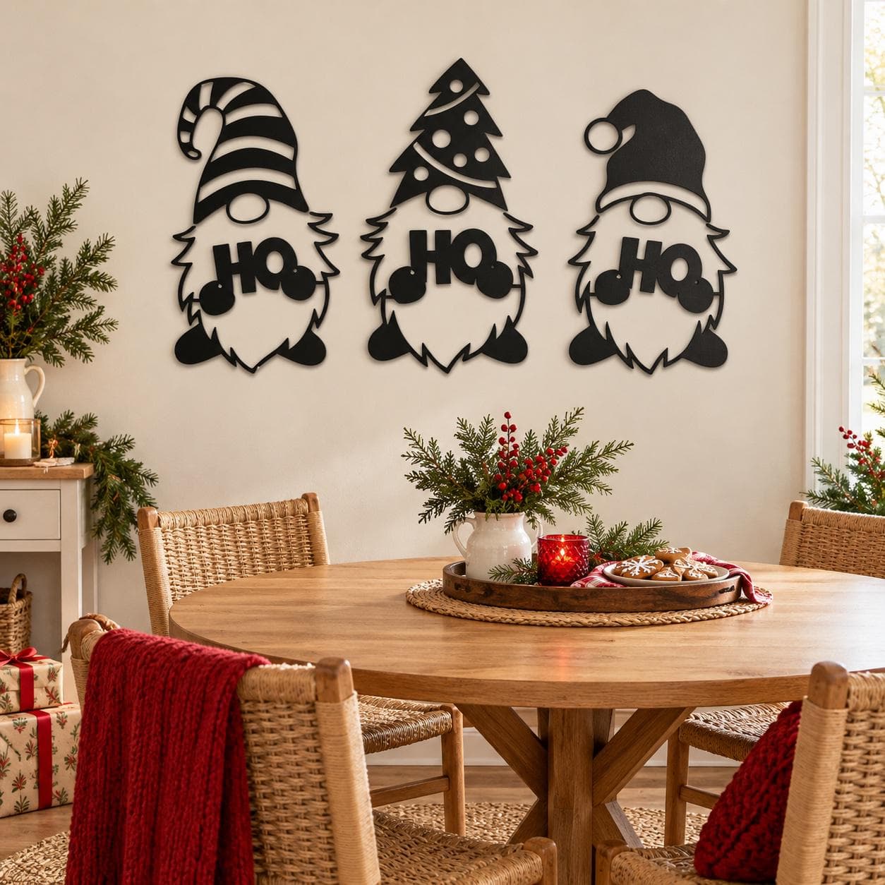 Christmas Gnome Art, Ho Ho Ho, Three Bearded Figures, Tree Hat Detail, Seasonal Metal Decor, Playful Holiday Sculpture, Christmas Lover Gift