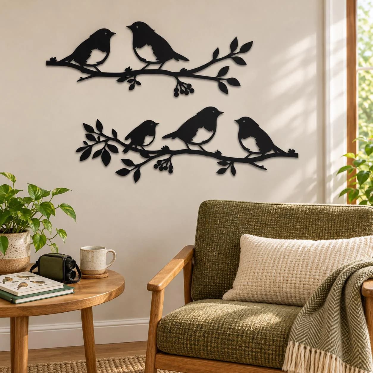 Bird Branch Set, Two Wildlife Motifs, Perched Bird Groups, Leafy Stem Detail, Nature Metal Decor, Graphic Animal Silhouettes, Wall Sculpture
