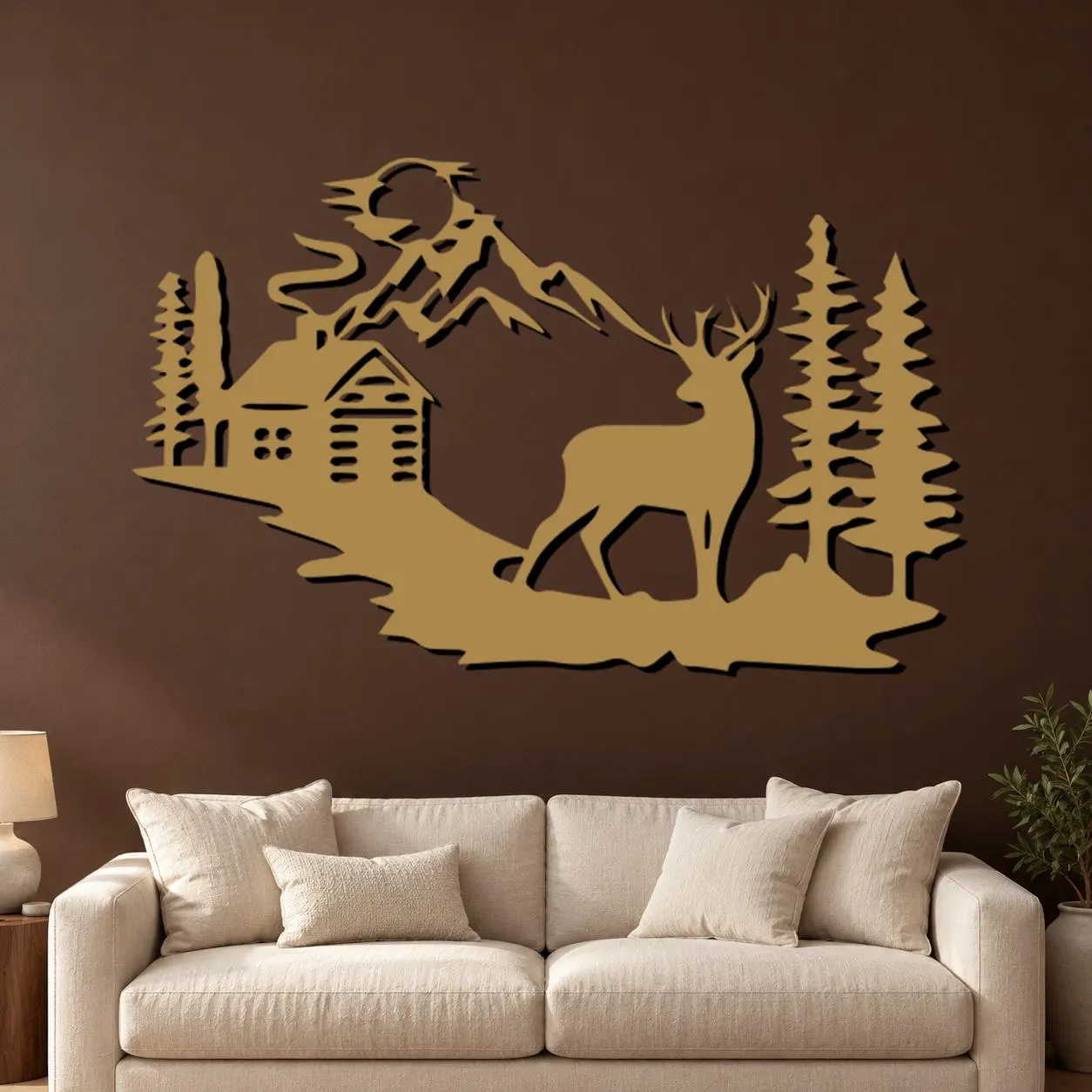 Deer Cabin Art, Mountain Woodland Scene, Pine Tree Silhouettes, Rustic Building Detail, Nature Lover Gift, Metal Wall Hanging, Metal Artwork - image 2