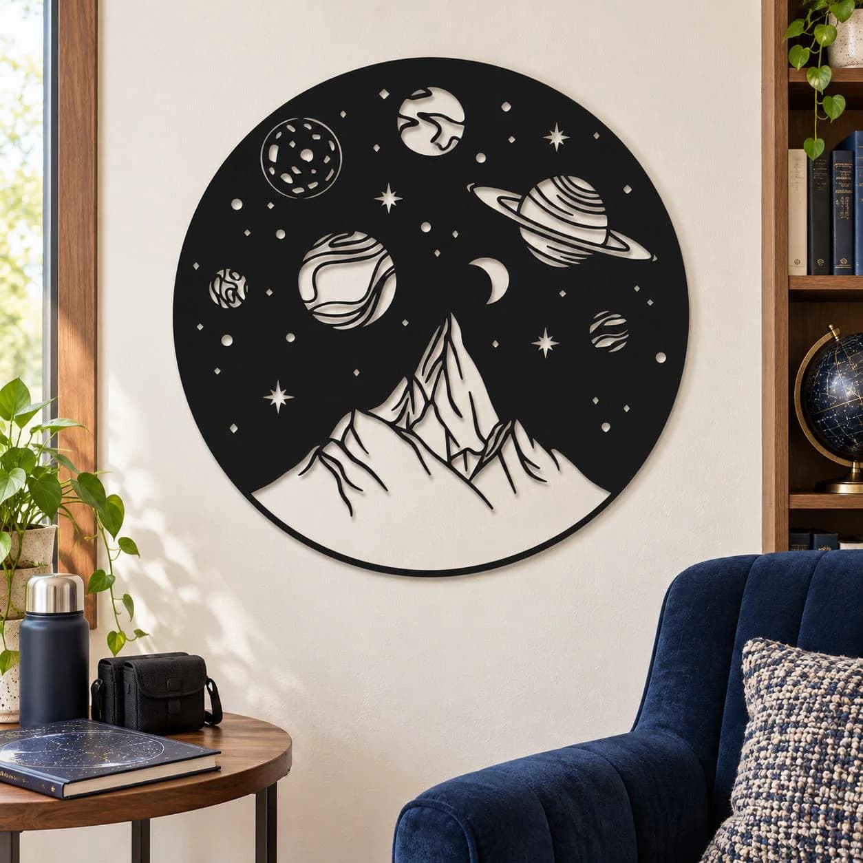 Cosmic Mountain Art, Round Planet Scene, Star Filled Sky, Space Inspired Landscape, Astronomy Lover Gift, Metal Wall Hanging, Wall Sculpture
