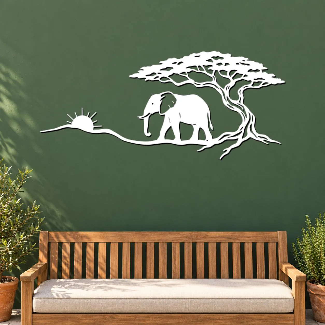 Elephant Sunset Art, Savanna Tree Scene, Rising Sun Outline, Nature Metal Decor, Acacia Style Canopy, Outdoor Animal Artwork, Wall Sculpture - image 5