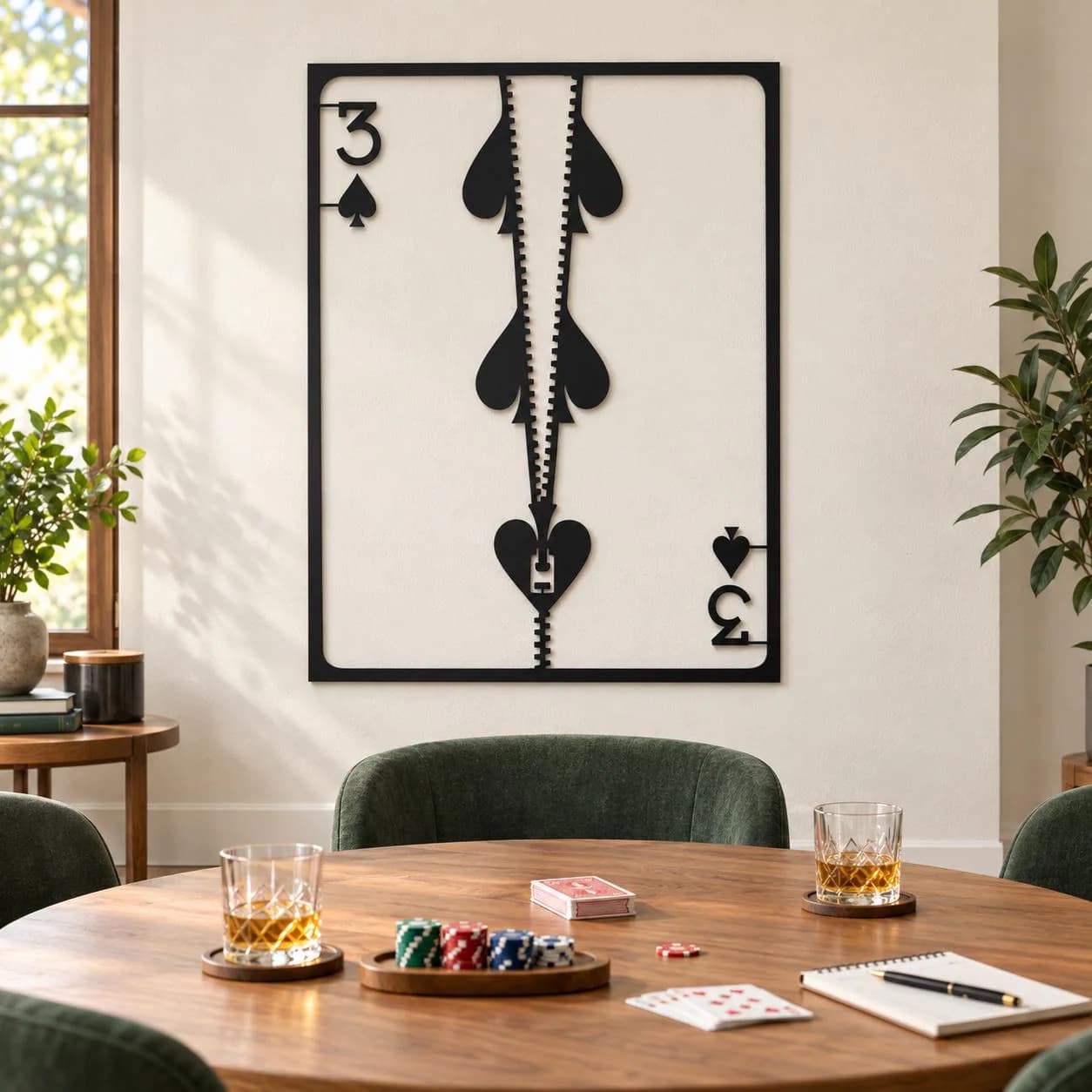 Spade Card Art, Three Spades Design, Central Zipper Detail, Playing Card Frame, Graphic Metal Decor, Bold Suit Symbols, Decorative Sculpture