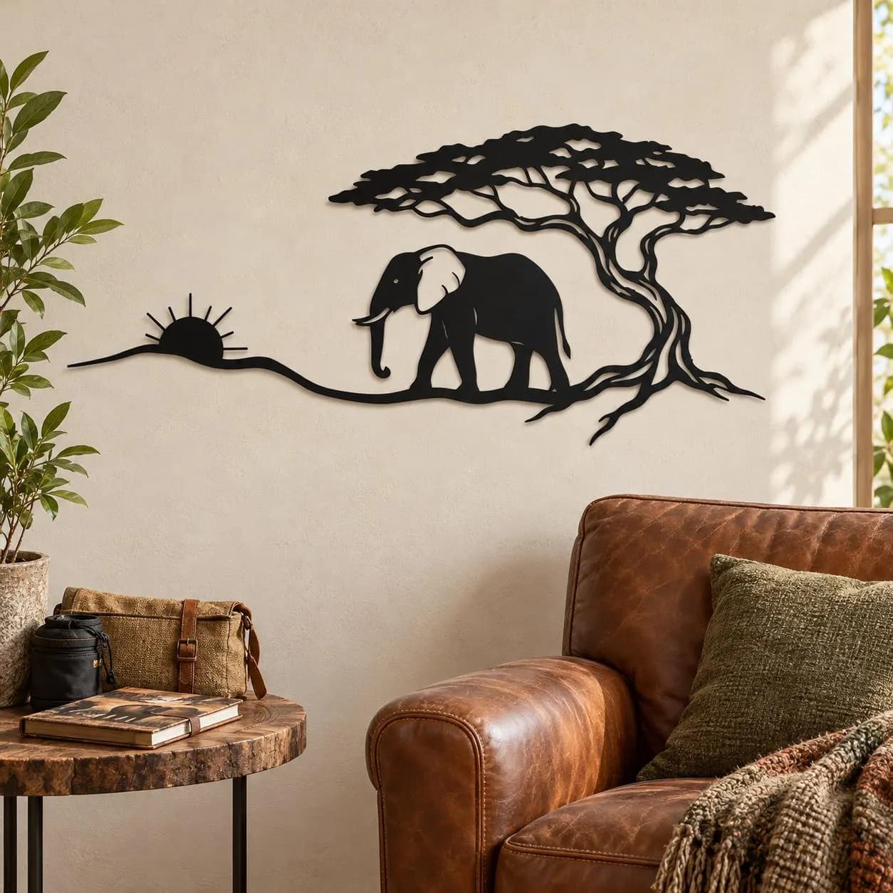 Elephant Sunset Art, Savanna Tree Scene, Rising Sun Outline, Nature Metal Decor, Acacia Style Canopy, Outdoor Animal Artwork, Wall Sculpture