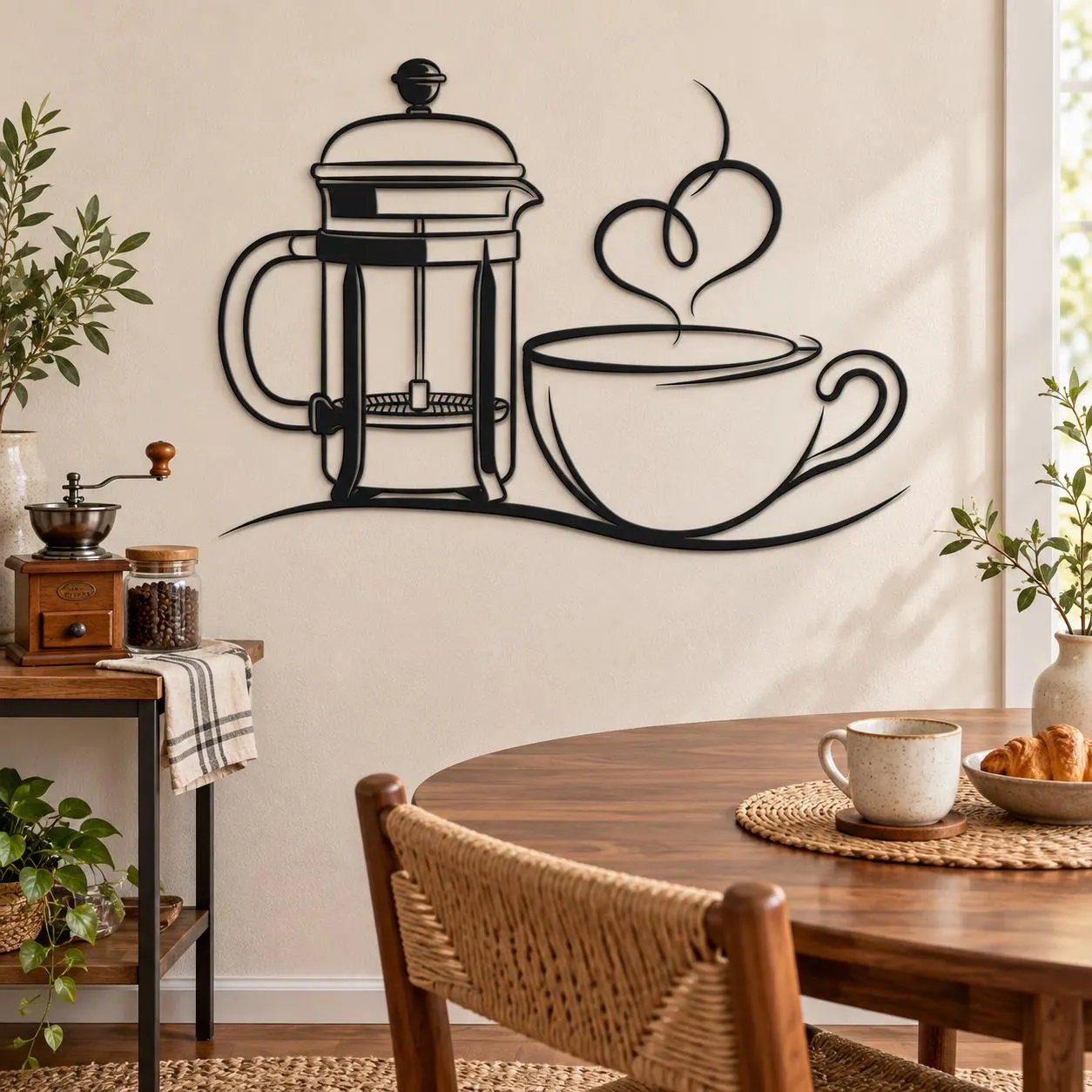 Coffee Metal Art, French Press Cup, Steam Curl Detail, Culinary Line Drawing, Beverage Wall Sculpture, Warm Drink Artwork, Coffee Lover Gift