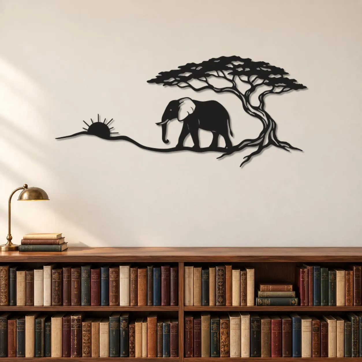 Elephant Sunset Art, Savanna Tree Scene, Rising Sun Outline, Nature Metal Decor, Acacia Style Canopy, Outdoor Animal Artwork, Wall Sculpture - image 2