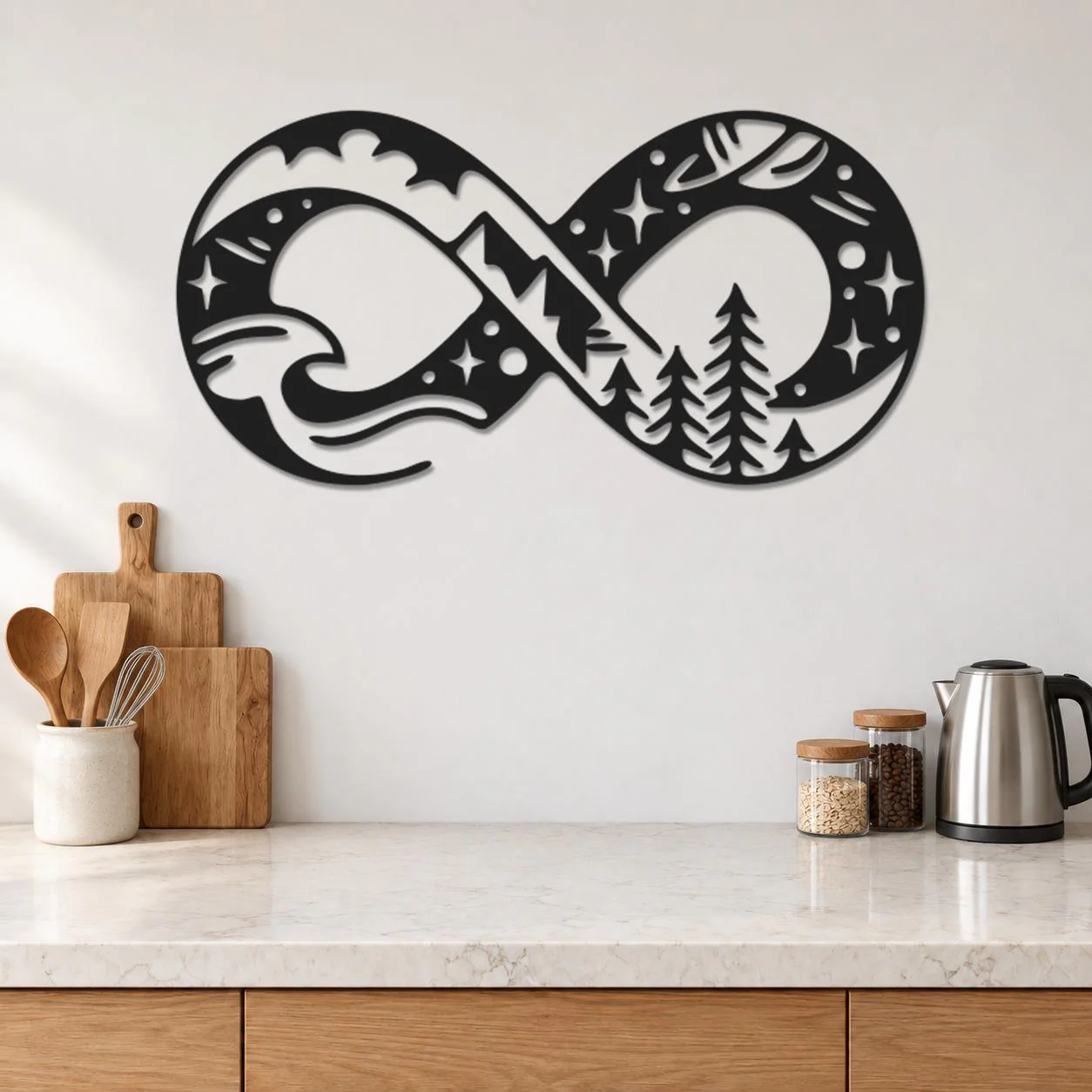 Infinity Landscape Art, Mountain Wave Scene, Pine Tree Silhouettes, Outdoor Wall Sculpture, Celestial Landscape Artwork, Powder Coated Metal - image 2