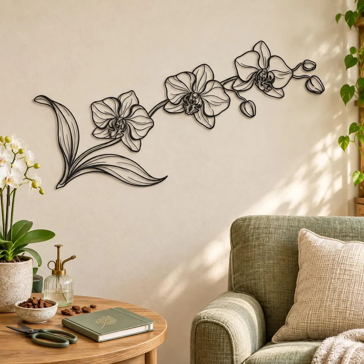 Orchid Metal Art, Flowering Stem Outline, Detailed Petal Lines, Bud And Leaf, Nature Metal Decor, Garden Inspired Artwork, Flower Lover Gift