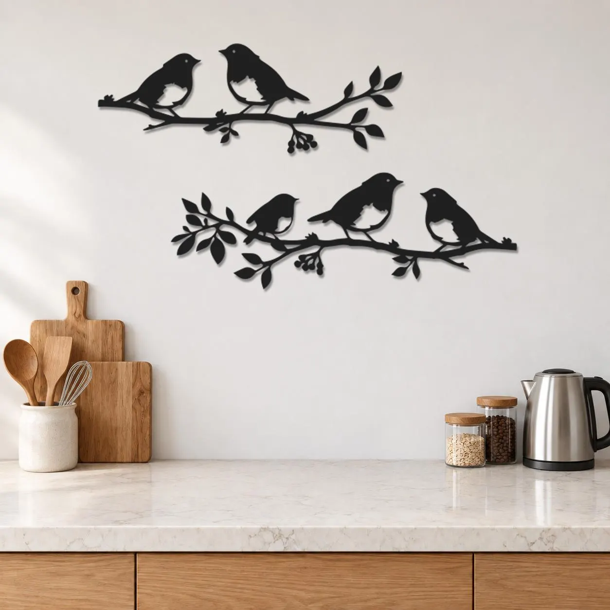 Bird Branch Set, Two Wildlife Motifs, Perched Bird Groups, Leafy Stem Detail, Nature Metal Decor, Graphic Animal Silhouettes, Wall Sculpture - image 4